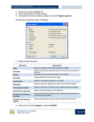 Consejo de la Judicatura Federal
Secretaría Ejecutiva de Obra, Recursos Materiales y Servicios Generales
Dirección General de Informática
Dirección de Capacitación en TI
Microsoft Excel 2010 Básico
Manual de Usuario
Página 76
2. Presionar las teclas Control + C
3. Hacer clic derecho en la celda destino
4. Se mostrará el menú contextual y elegir el comando Pegado especial...
Se Mostrará el siguiente cuadro de diálogo.
5. Elegir la opción deseada
Elemento Descripción
Todo Pega el contenido y el formato de todas las celdas.
Fórmulas
Pega únicamente las fórmulas como se han escrito en la barra de
fórmulas.
Valores Pega los valores como se presentan en las celdas.
Formatos
Pega solamente el formato de la celda.
Comentarios Pega los comentarios adjuntos a una celda.
Validación Pega las reglas de validación de datos de las celdas copiadas.
Todo excepto bordes Pega el contenido y el formato de las celdas excepto los bordes.
Ancho de las columnas Pega el ancho de columna o de columnas.
Formatos de números y
fórmulas
Pega únicamente las fórmulas y todos los formatos de número de
las celdas seleccionadas.
Formatos de números y
valores
Pega únicamente los valores y todos los formatos de número.
6. Hacer clic en el botón Aceptar o presionar ENTER
 