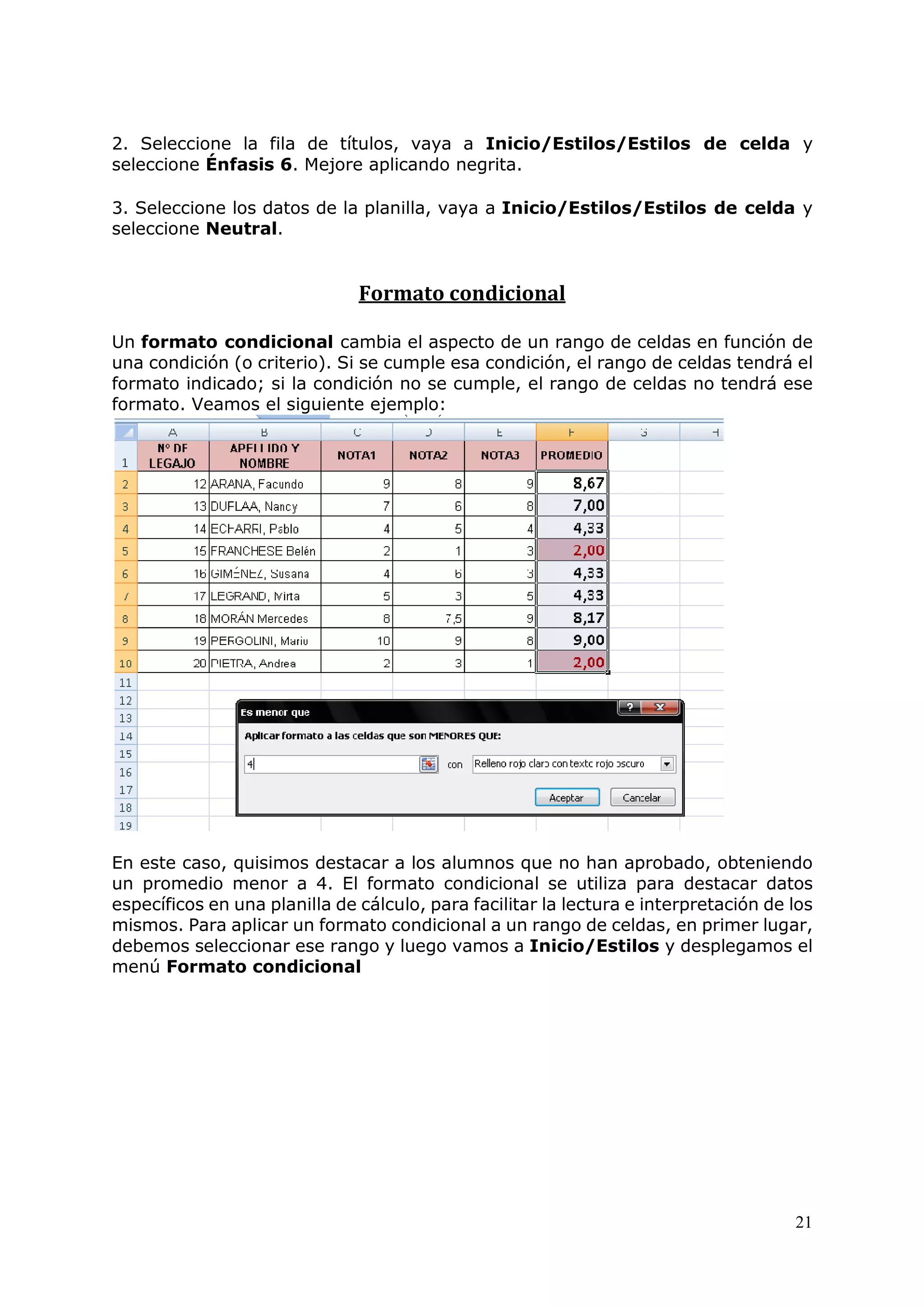 21
2. Seleccione la fila de títulos, vaya a Inicio/Estilos/Estilos de celda y
seleccione Énfasis 6. Mejore aplicando negrita.
3. Seleccione los datos de la planilla, vaya a Inicio/Estilos/Estilos de celda y
seleccione Neutral.
Formato condicional
Un formato condicional cambia el aspecto de un rango de celdas en función de
una condición (o criterio). Si se cumple esa condición, el rango de celdas tendrá el
formato indicado; si la condición no se cumple, el rango de celdas no tendrá ese
formato. Veamos el siguiente ejemplo:
En este caso, quisimos destacar a los alumnos que no han aprobado, obteniendo
un promedio menor a 4. El formato condicional se utiliza para destacar datos
específicos en una planilla de cálculo, para facilitar la lectura e interpretación de los
mismos. Para aplicar un formato condicional a un rango de celdas, en primer lugar,
debemos seleccionar ese rango y luego vamos a Inicio/Estilos y desplegamos el
menú Formato condicional
 