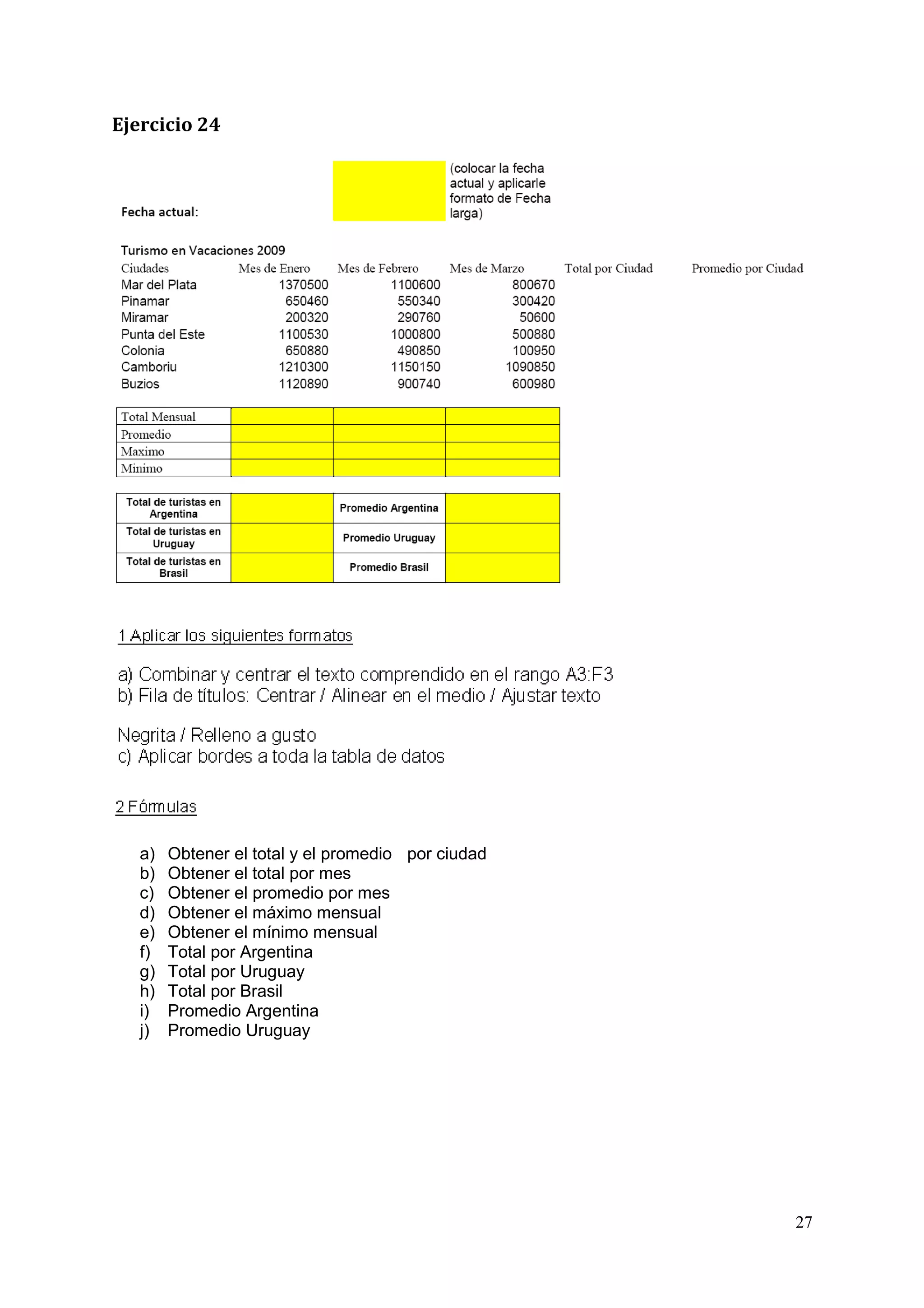 27
Ejercicio 24
a) Obtener el total y el promedio por ciudad
b) Obtener el total por mes
c) Obtener el promedio por mes
d) Obtener el máximo mensual
e) Obtener el mínimo mensual
f) Total por Argentina
g) Total por Uruguay
h) Total por Brasil
i) Promedio Argentina
j) Promedio Uruguay
 