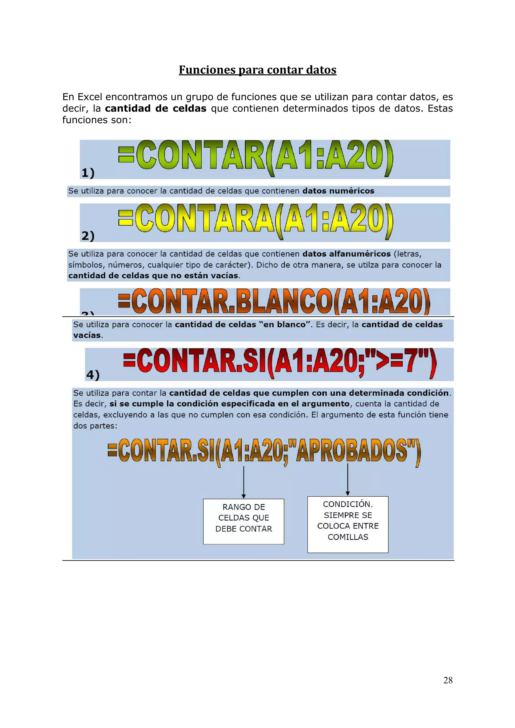 28
Funciones para contar datos
En Excel encontramos un grupo de funciones que se utilizan para contar datos, es
decir, la cantidad de celdas que contienen determinados tipos de datos. Estas
funciones son:
 