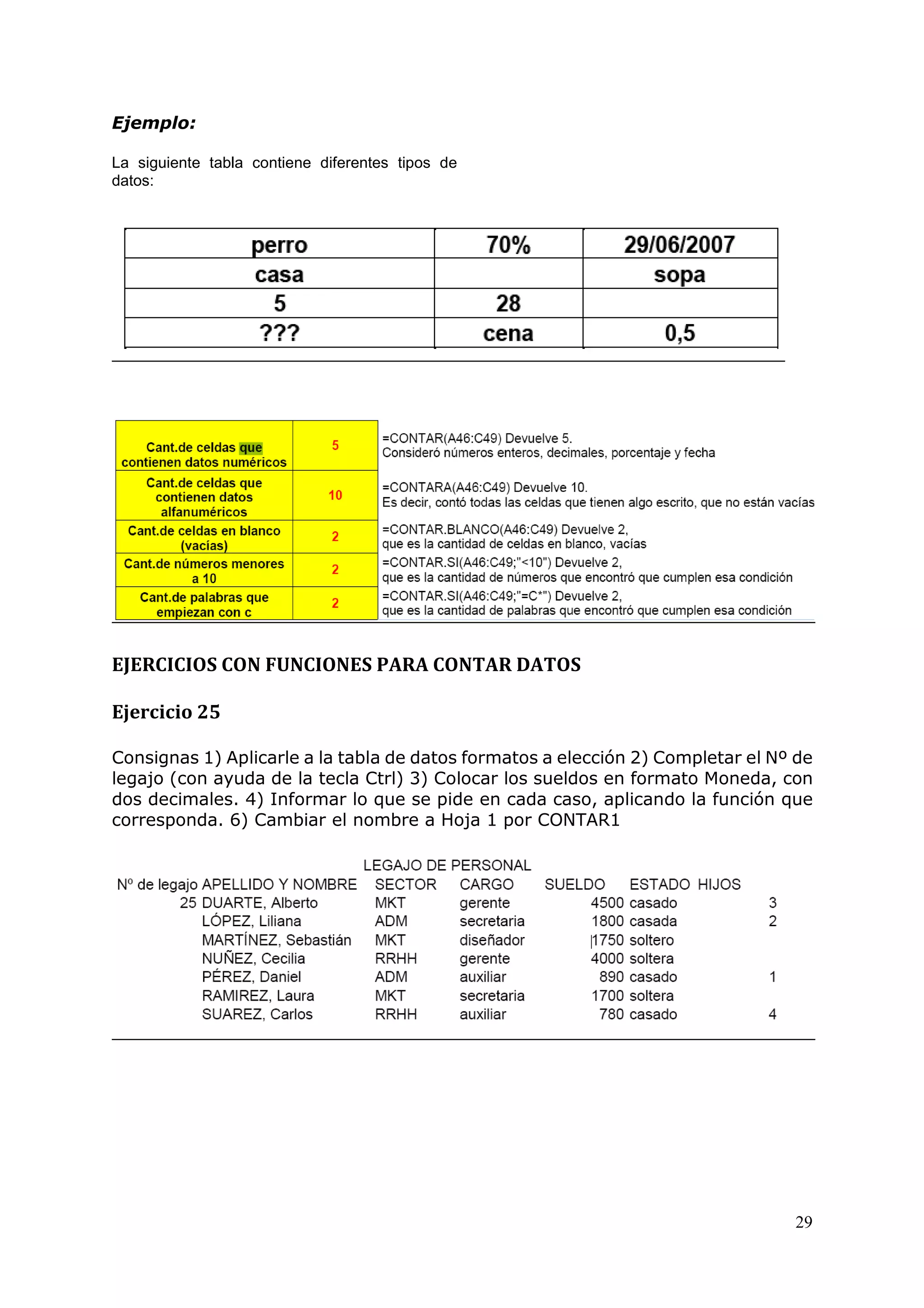 29
Ejemplo:
La siguiente tabla contiene diferentes tipos de
datos:
EJERCICIOS CON FUNCIONES PARA CONTAR DATOS
Ejercicio 25
Consignas 1) Aplicarle a la tabla de datos formatos a elección 2) Completar el Nº de
legajo (con ayuda de la tecla Ctrl) 3) Colocar los sueldos en formato Moneda, con
dos decimales. 4) Informar lo que se pide en cada caso, aplicando la función que
corresponda. 6) Cambiar el nombre a Hoja 1 por CONTAR1
 