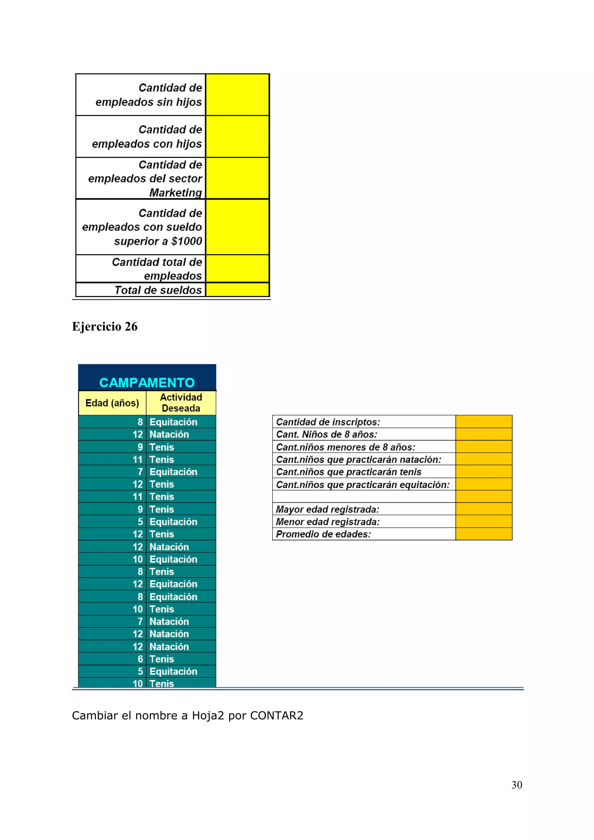 30
Ejercicio 26
Cambiar el nombre a Hoja2 por CONTAR2
 