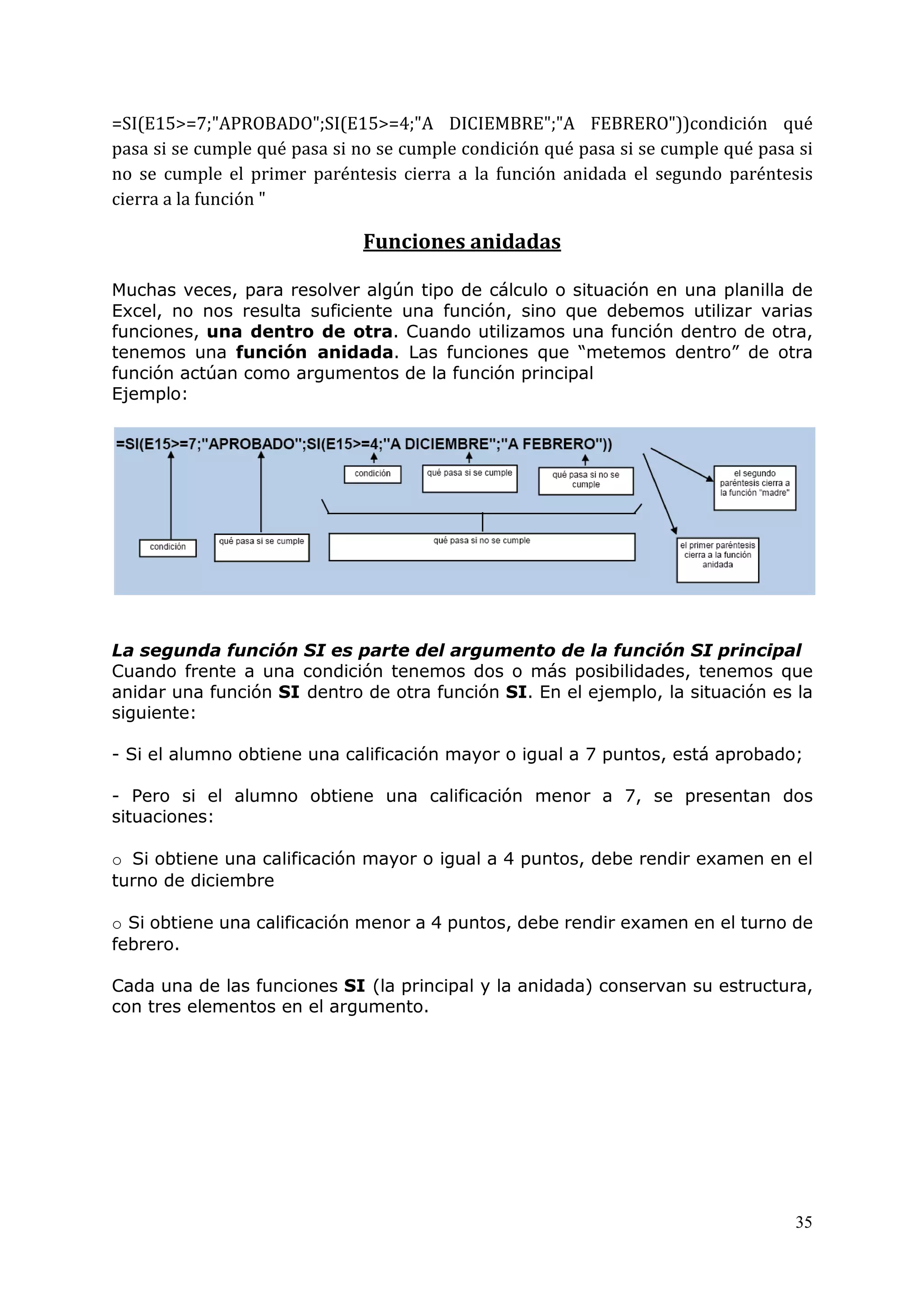 35
=SI(E15>=7;"APROBADO";SI(E15>=4;"A DICIEMBRE";"A FEBRERO"))condición qué
pasa si se cumple qué pasa si no se cumple condición qué pasa si se cumple qué pasa si
no se cumple el primer paréntesis cierra a la función anidada el segundo paréntesis
cierra a la función "
Funciones anidadas
Muchas veces, para resolver algún tipo de cálculo o situación en una planilla de
Excel, no nos resulta suficiente una función, sino que debemos utilizar varias
funciones, una dentro de otra. Cuando utilizamos una función dentro de otra,
tenemos una función anidada. Las funciones que “metemos dentro” de otra
función actúan como argumentos de la función principal
Ejemplo:
La segunda función SI es parte del argumento de la función SI principal
Cuando frente a una condición tenemos dos o más posibilidades, tenemos que
anidar una función SI dentro de otra función SI. En el ejemplo, la situación es la
siguiente:
- Si el alumno obtiene una calificación mayor o igual a 7 puntos, está aprobado;
- Pero si el alumno obtiene una calificación menor a 7, se presentan dos
situaciones:
o Si obtiene una calificación mayor o igual a 4 puntos, debe rendir examen en el
turno de diciembre
o Si obtiene una calificación menor a 4 puntos, debe rendir examen en el turno de
febrero.
Cada una de las funciones SI (la principal y la anidada) conservan su estructura,
con tres elementos en el argumento.
 