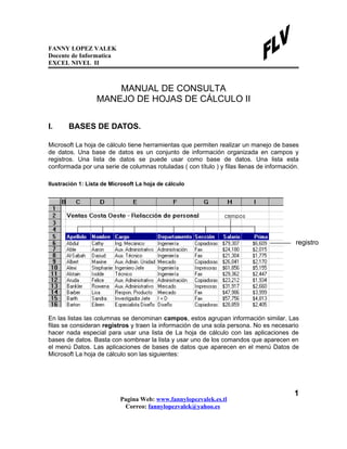 FANNY LOPEZ VALEK
Docente de Informatica
EXCEL NIVEL II



                      MANUAL DE CONSULTA
                  MANE...