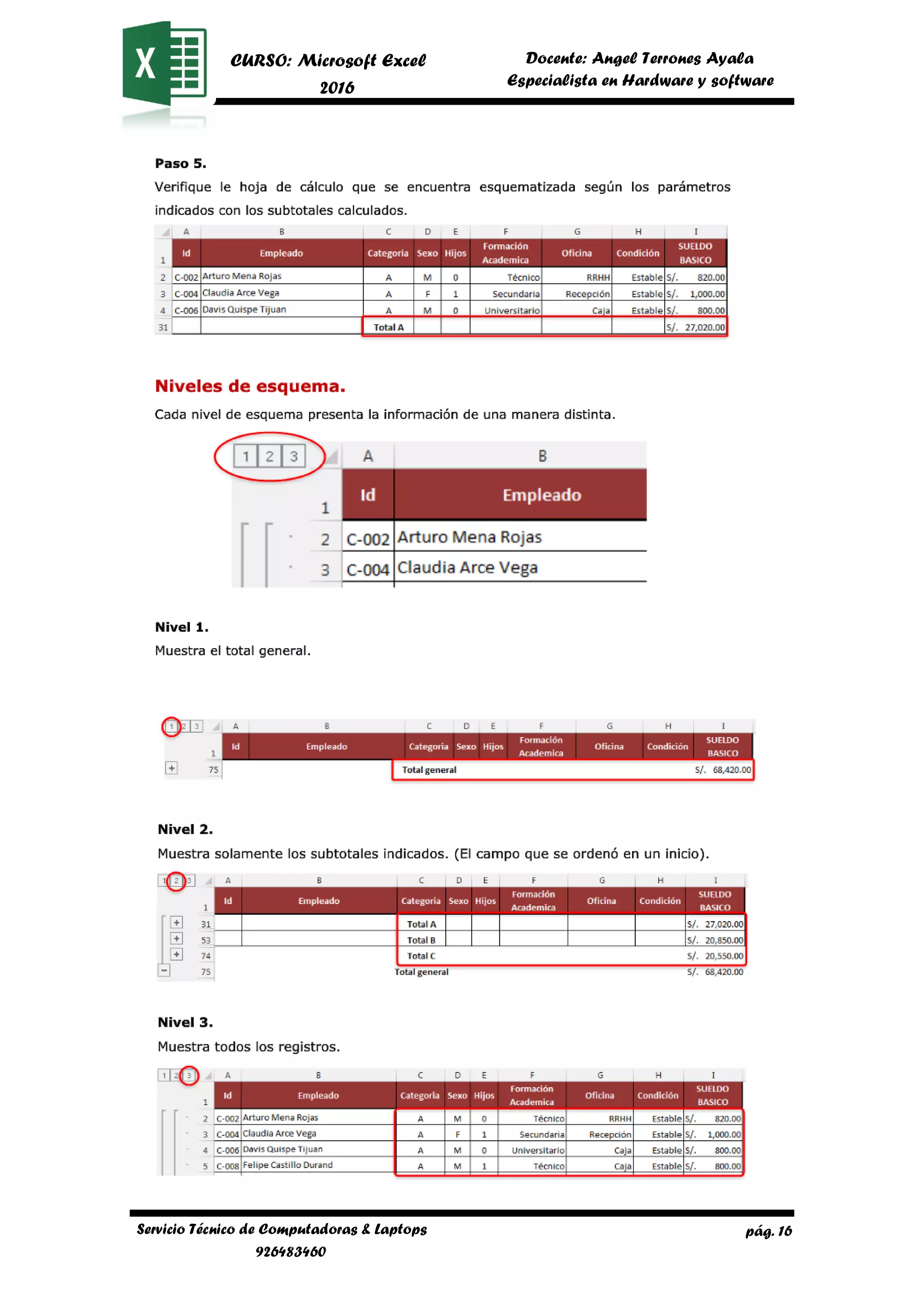 pág. 16
CURSO: Microsoft Excel
2016
Docente: Angel Terrones Ayala
AyalaEspecialista en Hardware y software
Servicio Técnico de Computadoras & Laptops
926483460
 