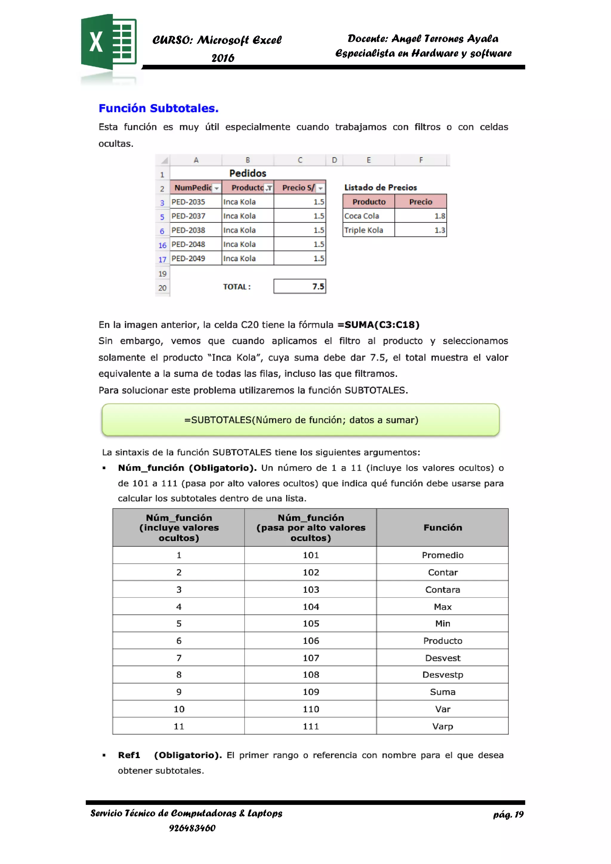 pág. 19
CURSO: Microsoft Excel
2016
Docente: Angel Terrones Ayala
AyalaEspecialista en Hardware y software
Servicio Técnico de Computadoras & Laptops
926483460
 