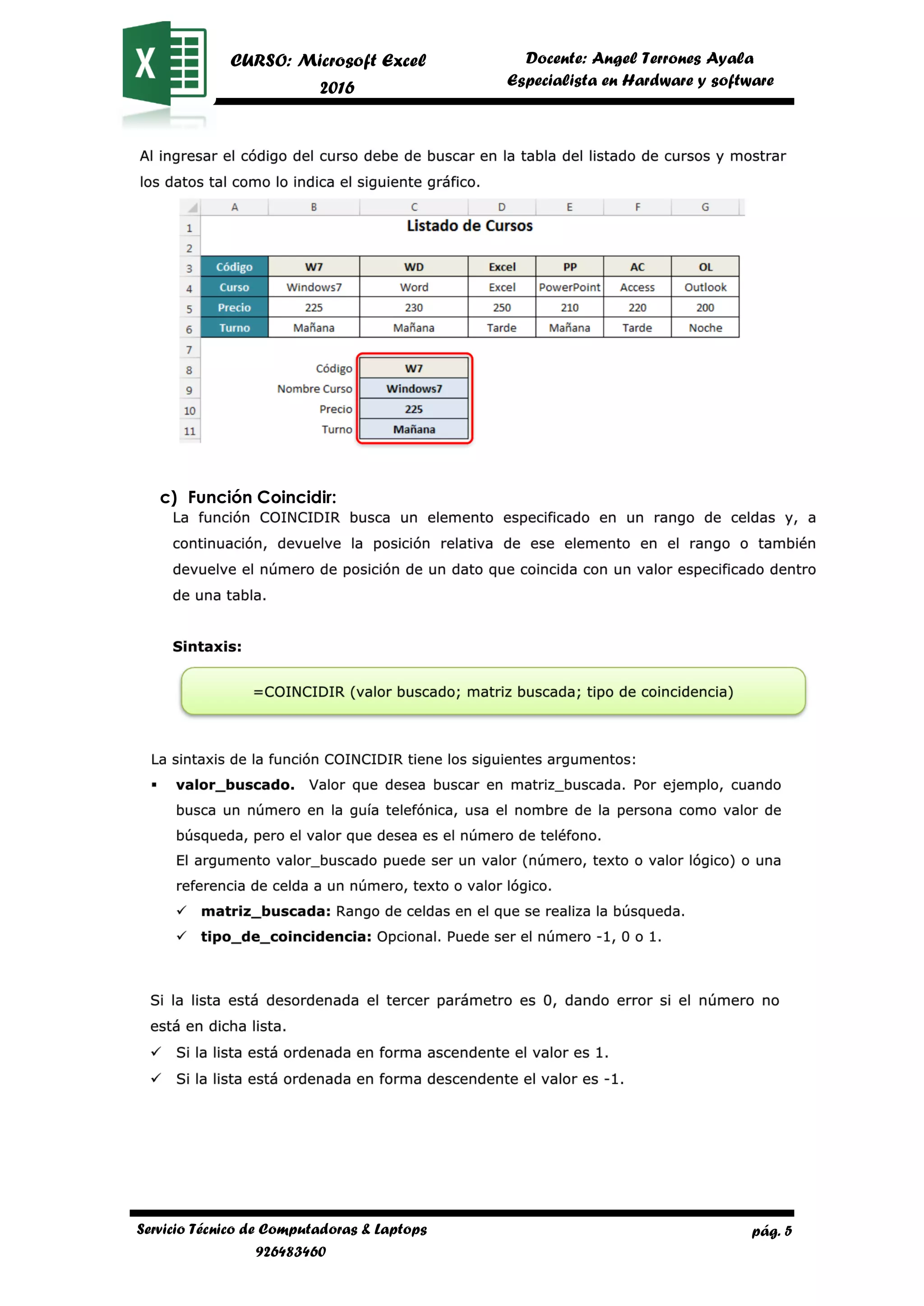pág. 5
CURSO: Microsoft Excel
2016
Docente: Angel Terrones Ayala
AyalaEspecialista en Hardware y software
Servicio Técnico de Computadoras & Laptops
926483460
c) Función Coincidir:
 