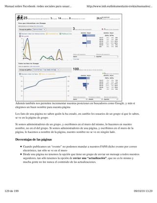 Manual sobre Facebook: redes sociales para usuar...                http://www.imh.es/dokumentazio-irekia/manuales/...




        Además también nos permiten incrementar nuestras posiciones en buscadores como Google, y más si
        elegimos un buen nombre para nuestra página

        Los fans de una página no saben quién la ha creado, en cambio los usuarios de un grupo sí que lo saben,
        se ve en la página de grupo.

        Si somos administradores de un grupo, y escribimos en el muro del mismo, lo hacemos en nuestro
        nombre, no en el del grupo. Si somos administradores de una página, y escribimos en el muro de la
        página, lo hacemos a nombre de la página, nuestro nombre no se ve en ningún lado.

        Desventajas de las páginas

              Cuando publicamos un “evento” no podemos mandar a nuestros FANS dicho evento por correo
              electrónico, tan sólo se ve en el muro
              Desde una página no tenemos la opción que tiene un grupo de enviar un mensaje a todos nuestros
              seguidores, tan sólo tenemos la opción de enviar una “actualización”, que no es lo mismo y
              mucha gente no lee nunca el contenido de las actualizaciones.




129 de 199                                                                                                  09/10/10 13:29
 