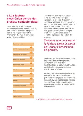 Manuales Plan Avanza. La factura electrónica




1.3.La factura                            Tenemos que considerar la factura
                                          como la punta del Iceberg que
electrónica dentro del                    representa el proceso de gestión de
proceso contable global                   compras y ventas de la empresa, en el
                                          que con frecuencia nos encontramos la
La factura electrónica no debe            factura como uno de los últimos
entenderse como un proceso aislado,       resultados tras el tránsito habitual de
sino como un elemento integrado           presupuesto, solicitudes de compra,
dentro del conjunto de gestión            aprobaciones, albaranes, apuntes
financiera y del flujo de compras y       contables o procesos de gestión de
ventas de una entidad.                    almacén.

                                          Tenemos que considerar
                                          la factura como la punta
                                          del Iceberg del proceso
                                          de gestión.

                                          Una buena gestión electrónica en todos
                                          los pasos y documentos previos
                                          facilitará en gran medida la
                                          implantación de la factura electrónica y
                                          multiplicará exponencialmente los
                                          beneficios de la misma.

                                          Por otro lado, acometer el proyecto de
                                          incorporar la Factura Electrónica a la
                                          gestión de una empresa, habitualmente
                                          implicará revisar el proceso de emisión
                                          y recepción de facturas y afectará a
                                          más áreas de gestión de las que puede
                                          parecer obvio.




                                  ¬ Workflow documental asociado a compras



 18
 