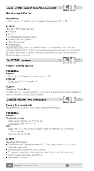 Manual Farmacêutico 2011/2012124
? CCALCITONINA INIBIDOR DO CATABOLISMO ÓSSEO
Miacalcic 100UI SGA 1mL
Posologia
Dose usual: 100 a 400U/dia, dependendo da patologia, SC ou IM.
Alerta
REAÇÕES ADVERSAS: SÉRIAS:
•	Anafilaxia
•	Anemia
•	Broncoespasmo, poucos casos.
•	Acidente Vascular Cerebral
•	Infarto do miocárdio
•	Tromboflebite
MONITORIZAÇÃO: mensurar periodicamente os níveis séricos de fosfatase
alcalina e hidroxiprolina urinária. Exames de urina periódicos, para os sedimentos
de células granulares e células epiteliais tubulares renais, são recomendados.
Eletrólitos séricos e cálcio.
2© B*CALCITRIOL VITAMINA
Rocaltrol 0,25mcg cápsula
Posologia
Adultos:
	 Dose inicial: 0,25mcg, VO, em intervalos de 24h.
Crianças:
	 Dose usual: 0,25 - 2mcg/dia, VO.
Alerta
* Monitorar Cálcio Sérico.
No tratamento de hipoparatireoidismo e raquitismo a dose deve ser administrada pela
manhã. Controlar níveis de cálcio e fosfato.
2 C/DCANDESARTANA anti-hipertensivo
Atacand 8mg comprimido
Atenção! Possui corantes: óxido férrico marrom-avermelhado
POSOLOGIA
Adultos:
Hipertensão arterial:
Dose usual: 4-32mg, VO, 1 vez ao dia.
Dose inicial: 4mg, 1 vez ao dia.
ICC:
Inicial: 4mg, VO, 1 vez ao dia. Duplicar a dose em intervalos de 2 semanas,
conforme tolerado.
Dose alvo: 32 mg por dia.
ALERTA
REAÇÕES ADVERSAS:
•	Cardiovasculares: hipotensão arterial (ICC: 19%), angina, infarto do miocárdio,
palpitação, taquicardia
•	Dermatológicas: angiodema, rash cutâneo
•	Endócrinas e metabólicas: hiperglicemia, hipertrigliceridemia, hiperuricemia
•	Gastrintestinais: dispepsia, gastrenterite
•	Geniturinária: hematúria
 