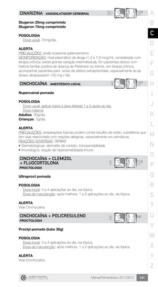 Manual Farmacêutico 2011/2012 141
B*3©CINARIZINA VASODILATADOR CEREBRAL
Stugeron 25mg comprimido
Stugeron 75mg comprimido
Posologia
Dose usual: 75mg/dia.
Alerta
PRECAUÇÕES: pode ocasionar parkinsonismo.
MONITORIZAÇÃO: nível plasmático da droga (1,2 a 7,9 mcg/mL considerada com
terapia crônica; existe grande variação interindividual). Em pacientes idosos com
história familiar positiva de doença de Parkinson ou tremor, em terapia crônica,
acompanhar pacientes para sinais de efeitos extrapiramidais, especialmente se as
doses ultrapassarem 150 mg / dia.
B*?CINCHOCAÍNA ANESTÉSICO LOCAL
Nupercainal pomada
Posologia
Dose usual: aplicar sobre a área afetada 1 a 3 vezes ao dia.
Dose máxima:
Adultos: 30g/dia
Crianças: 7g/dia
Alerta
PRECAUÇÕES: preparações tópicas podem conter bisulfito de sódio, substância que
tem sido relacionada com reações alérgicas, especialmente em asmáticos.
REAÇÕES ADVERSAS: SÉRIAS:
•	Dermatológicas: dermatite de contato, fotossensibilidade
•	Imunológica: reação de hipersensibilidade Imune
? D*
CINCHOCAÍNA + CLEMIZOL
+ FLUOCORTOLONA
PROCTOLOGIA
Ultraproct pomada
Posologia
Dose inicial: 3 a 4 aplicações ao dia, via tópica.
Dose de manutenção: após melhora, 1 a 2 aplicações ao dia, via tópica.
Alerta
Vide Cinchocaína.
? **CINCHOCAÍNA + POLICRESULENO
PROCTOLOGIA
Proctyl pomada (tubo 30g)
Posologia
Dose inicial: 3 a 4 aplicações ao dia, via tópica.
Dose de manutenção: após melhora, 1 a 2 aplicações ao dia, via tópica.
Alerta
Vide Cinchocaína.
A
B
C
D
E
F
G
H
I
J
K
L
M
N
O
P
Q
R
S
T
U
V
W
X
Y
Z
 
