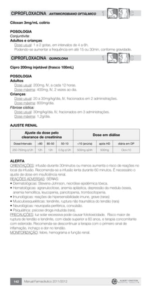 Manual Farmacêutico 2011/2012142
1 CCIPROFLOXACINA ANTIMICROBIANO OFTÁLMICO
Ciloxan 3mg/mL colírio
Posologia
Conjuntivite:
Adultos e crianças:
Dose usual: 1 a 2 gotas, em intervalos de 4 a 6h.
Podendo-se aumentar a frequência em até 15 ou 30min, ­conforme gravidade.
1 CCIPROFLOXACINA QUINOLONA
Cipro 200mg injetável (frasco 100mL)
Posologia
Adultos:
	 Dose usual: 200mg, IV, a cada 12 horas.
	 Dose máxima: 400mg, IV, 2 vezes ao dia.
Crianças:
	 Dose usual: 20 a 30mg/kg/dia, IV, fracionados em 2 administrações.
	 Dose máxima: 800mg/dia.
Fibrose cística:
	 Dose usual: 30mg/kg/dia, IV, fracionados em 3 administrações.
	 Dose máxima: 1,2g/dia.
AJUSTE RENAL
Ajuste da dose pelo
clearance de creatinina
Dose em diálise
Dose/intervalo >80 80-50 50-10 <10 (anúria) após HD diária em DP
250-750mg q12h 12h 12h 0.5g q12h 500mg q24h 500mg Clcr<10
Alerta
ORIENTAÇÕES: infusão durante 30minutos ou menos aumenta o risco de reações no
local da infusão. Recomenda-se a infusão lenta durante 60 minutos. É necessário o
ajuste de dose em insuficiência renal.
REAÇÕES ADVERSAS: SÉRIAS:
•	Dermatológicas: Stevens-Johnson, necrólise epidérmica tóxica.
•	Hematológicas: agranulocitose, anemia aplástica, depressão da medula óssea,
anemia hemolítica, leucopenia, pancitopenia, trombocitopenia.
•	Imunológicas: reações de hipersensibilidade imune, grave (raras)
•	Musculoesqueléticas: tendinite, ruptura não traumática do tendão (rara)
•	Neurológicas: neuropatia periférica, convulsão.
•	Psiquiátrica: psicose droga induzida (rara).
PRECAUÇÕES: luz solar excessiva pode causar fototoxicidade. Risco maior de
ruptura de tendão e tendinite, com idade superior a 60 anos, e terapia concomitante
com esteroide. Recomenda-se descontinuar a terapia com o primeiro sinal de
inflamação, inchaço e dor no tendão.
MONITORIZAÇÃO: febre, hemograma e função renal.
 