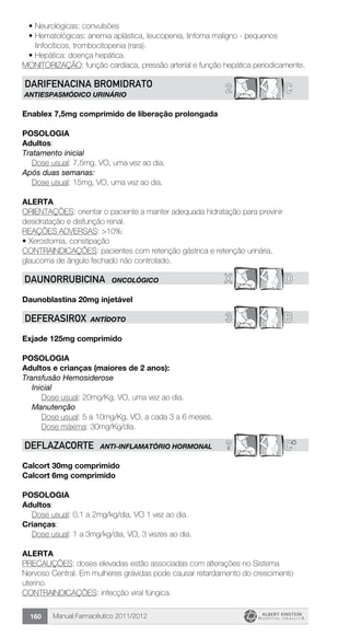 Manual Farmacêutico 2011/2012160
•	Neurológicas: convulsões
•	Hematológicas: anemia aplástica, leucopenia, linfoma maligno - pequenos
linfocíticos, trombocitopenia (rara).
•	Hepática: doença hepática.
MONITORIZAÇÃO: função cardíaca, pressão arterial e função hepática periodicamente.
C2DARIFENACINA BROMIDRATO
ANTIESPASMÓDICO urinário
Enablex 7,5mg comprimido de liberação prolongada
POSOLOGIA
Adultos:
Tratamento inicial
Dose usual: 7,5mg, VO, uma vez ao dia.
Após duas semanas:
	 Dose usual: 15mg, VO, uma vez ao dia.
Alerta
ORIENTAÇÕES: orientar o paciente a manter adequada hidratação para previnir
desidratação e disfunção renal.
REAÇÕES ADVERSAS: >10%:
•	Xerostomia, constipação
CONTRAINDICAÇÕES: pacientes com retenção gástrica e retenção urinária,
glaucoma de ângulo fechado não controlado.
X DDAUNORRUBICINA ONCOLÓGICO
Daunoblastina 20mg injetável
3 BDEFERASIROX Antídoto
Exjade 125mg comprimido
POSOLOGIA
Adultos e crianças (maiores de 2 anos):
Transfusão Hemosiderose
	 Inicial
		 Dose usual: 20mg/Kg, VO, uma vez ao dia.
	 Manutenção
		 Dose usual: 5 a 10mg/Kg, VO, a cada 3 a 6 meses.
		 Dose máxima: 30mg/Kg/dia.
? C*DEFLAZACORTE ANTI-INFLAMATÓRIO HORMONAL
Calcort 30mg comprimido
Calcort 6mg comprimido
Posologia
Adultos:
	 Dose usual: 0,1 a 2mg/kg/dia, VO 1 vez ao dia.
Crianças:
	 Dose usual: 1 a 3mg/kg/dia, VO, 3 vezes ao dia.
Alerta
PRECAUÇÕES: doses elevadas estão associadas com alterações no Sistema
Nervoso Central. Em mulheres grávidas pode causar retardamento do crescimento
uterino.
CONTRAINDICAÇÕES: infecção viral fúngica.
 