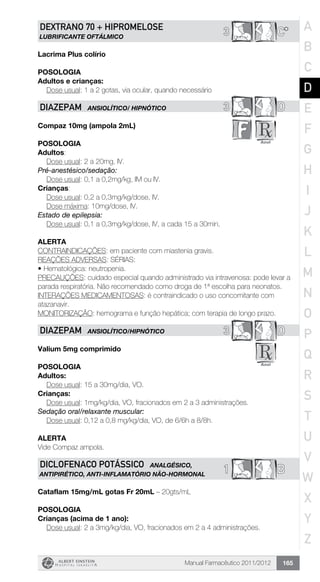 Manual Farmacêutico 2011/2012 165
C*3DEXTRANO 70 + HIPROMELOSE
LUBRIFICANTE OFTÁLMICO
Lacrima Plus colírio
Posologia
Adultos e crianças:
	 Dose usual: 1 a 2 gotas, via ocular, quando necessário
3 DDIAZEPAM ANSIOLÍTICO/ HIPNÓTICO
Compaz 10mg (ampola 2mL)
Posologia
Adultos:
	 Dose usual: 2 a 20mg, IV.
Pré-anestésico/sedação:
	 Dose usual: 0,1 a 0,2mg/kg, IM ou IV.
Crianças:
	 Dose usual: 0,2 a 0,3mg/kg/dose, IV.
	 Dose máxima: 10mg/dose, IV.
Estado de epilepsia:
	 Dose usual: 0,1 a 0,3mg/kg/dose, IV, a cada 15 a 30min.
Alerta
CONTRAINDICAÇÕES: em paciente com miastenia gravis.
REAÇÕES ADVERSAS: SÉRIAS:
•	Hematológica: neutropenia.
PRECAUÇÕES: cuidado especial quando administrado via intravenosa: pode levar a
parada respiratória. Não recomendado como droga de 1ª escolha para neonatos.
INTERAÇÕES MEDICAMENTOSAS: é contraindicado o uso concomitante com
atazanavir.
MONITORIZAÇÃO: hemograma e função hepática; com terapia de longo prazo.
3 DDIAZEPAM ANSIOLÍTICO/HIPNÓTICO
Valium 5mg comprimido
Posologia
Adultos:
	 Dose usual: 15 a 30mg/dia, VO.
Crianças:
	 Dose usual: 1mg/kg/dia, VO, fracionados em 2 a 3 administrações.
Sedação oral/relaxante muscular:
	 Dose usual: 0,12 a 0,8 mg/kg/dia, VO, de 6/6h a 8/8h.
Alerta
Vide Compaz ampola.
B1DICLOFENACO POTÁSSICO ANALGÉSICO,
ANTIPIRÉTICO, ANTI-INFLAMATÓRIO NÃO-HORMONAL
Cataflam 15mg/mL gotas Fr 20mL – 20gts/mL
Posologia
Crianças (acima de 1 ano):
	 Dose usual: 2 a 3mg/kg/dia, VO, fracionados em 2 a 4 ­administrações.
A
B
C
D
E
F
G
H
I
J
K
L
M
N
O
P
Q
R
S
T
U
V
W
X
Y
Z
 