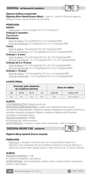 Manual Farmacêutico 2011/2012168
1 CDIGOXINA estimulante cardíaco
Digoxina 0,25mg comprimido
Digoxina Elixir infantil (frasco 60mL) – cada mL contém 0,05mg de digoxina.
Atenção! Possui corante Amarelo de Quinoleína.
Posologia
Adultos:
	 Dose usual: 0,125 a 0,5mg/dia, VO; 8 a 15mcg/kg, IV.
Crianças e neonatos:
Digitalização:
Prematuros:
	 Dose de ataque: 20 mcg/kg/dia VO e 15 mcg/kg/dia IM/IV
	 Dose de manutenção: 5 mcg/kg/dia VO e 3 a 4 mcg/kg/dia IM/IV
Termo:
	 Dose de ataque: 30mcg/kg/dia VO e 20 mcg/kg/dia IM/IV
	 Dose de manutenção: 8 a 10mcg/kg/dia VO e 6 a 8 mcg/kg/dia IM/IV
Crianças < 2 anos:
	 Dose de ataque: 40 a 50mcg/kg/dia VO e 30 a 40 mcg/kg/dia IM/IV
Dose de manutenção: 10 a 12mcg/kg/dia VO e 7,5 a 9 mcg/kg/dia IM/IV
Crianças de 2 a 10 anos:
	 Dose de ataque: 30 a 40mcg/kg/dia VO e 20 a 30 mcg/kg/dia IM/IV
	 Dose de manutenção: 8 a 10mcg/kg/dia VO e 6 a 8 mcg/kg/dia IM/IV
Crianças > 10 anos:
	 Dose de ataque: 10 a15mcg/kg/dia VO e 8 a 12 mcg/kg/dia IM/IV
Dose de manutenção: 2,5 a 5mcg/kg/dia VO e 2 a 3 mcg/kg/dia IM/IV
AJUSTE RENAL
Correção pelo clearance
de creatinina (ml/min)
Dose em diálise
>80 80-50 50-10 <10 após HD diária em DP
24h 36h 36h 48h Não Sem correção
Alerta
CONTRAINDICAÇÕES: fibrilação ventricular.
INTERAÇÕES MEDICAMENTOSAS: cuidado com medicamentos que causam
hipocalemia (corticoesteroides, anfotericina, diuréticos depletores de potássio). Eritromicina
aumenta a absorção da digoxina. Diltiazem, nifedipina e inibidores da ECA podem
aumentar a concentração sérica.
REAÇÕES ADVERSAS: SÉRIAS:
•	Cardiovascular: arritmia cardíaca.
MONITORIZAÇÃO: controlar os níveis séricos de potássio, cálcio e magnésio.
1 CDIGOXINA IMUNE FAB ANTÍDOTO
Digibind 38mg injetável (frasco-ampola)
Posologia
Dose usual: a dosagem varia de acordo com a quantidade de ­digoxina ou
digitoxina a ser neutralizada (38mg do antídoto ­neutralizam 0,5mg de digoxina ou
digitoxina). A dose média ­utilizada durante o teste clínico foi de 10 frascos (380mg).
Alerta
REAÇÕES ADVERSAS: >10%:
•	 Endócrino/metabólica: hipocalemia.
MONITORIZAÇÃO: eletrocardiograma, potássio sérico, pressão arterial, temperatura,
durante e após terapia.
 