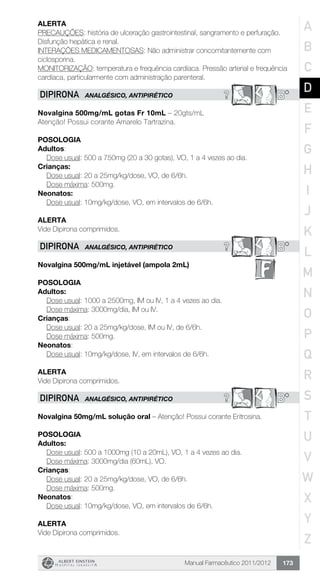 Manual Farmacêutico 2011/2012 173
Alerta
PRECAUÇÕES: história de ulceração gastrointestinal, sangramento e perfuração.
Disfunção hepática e renal.
INTERAÇÕES MEDICAMENTOSAS: Não administrar concomitantemente com
ciclosporina.
MONITORIZAÇÃO: temperatura e frequência cardíaca. Pressão arterial e frequência
cardíaca, particularmente com administração parenteral.
? B*DIPIRONA ANALGÉSICO, ANTIPIRÉTICO
Novalgina 500mg/mL gotas Fr 10mL – 20gts/mL
Atenção! Possui corante Amarelo Tartrazina.
Posologia
Adultos:
Dose usual: 500 a 750mg (20 a 30 gotas), VO, 1 a 4 vezes ao dia.
Crianças:
	 Dose usual: 20 a 25mg/kg/dose, VO, de 6/6h.
	 Dose máxima: 500mg.
Neonatos:
	 Dose usual: 10mg/kg/dose, VO, em intervalos de 6/6h.
Alerta
Vide Dipirona comprimidos.
? B*DIPIRONA ANALGÉSICO, ANTIPIRÉTICO
Novalgina 500mg/mL injetável (ampola 2mL)
Posologia
Adultos:
	 Dose usual: 1000 a 2500mg, IM ou IV, 1 a 4 vezes ao dia.
	 Dose máxima: 3000mg/dia, IM ou IV.
Crianças:
	 Dose usual: 20 a 25mg/kg/dose, IM ou IV, de 6/6h.
	 Dose máxima: 500mg.
Neonatos:
	 Dose usual: 10mg/kg/dose, IV, em intervalos de 6/6h.
Alerta
Vide Dipirona comprimidos.
? B*DIPIRONA ANALGÉSICO, ANTIPIRÉTICO
Novalgina 50mg/mL solução oral – Atenção! Possui corante Eritrosina.
Posologia
Adultos:
	 Dose usual: 500 a 1000mg (10 a 20mL), VO, 1 a 4 vezes ao dia.
	 Dose máxima: 3000mg/dia (60mL), VO.
Crianças:
	 Dose usual: 20 a 25mg/kg/dose, VO, de 6/6h.
	 Dose máxima: 500mg.
Neonatos:
	 Dose usual: 10mg/kg/dose, VO, em intervalos de 6/6h.
Alerta
Vide Dipirona comprimidos.
A
B
C
D
E
F
G
H
I
J
K
L
M
N
O
P
Q
R
S
T
U
V
W
X
Y
Z
 