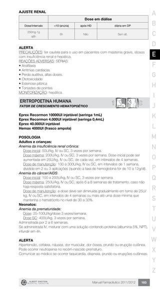 Manual Farmacêutico 2011/2012 183
AJUSTE RENAL
Dose em diálise
Dose/intervalo <10 (anúria) após HD diária em DP
250mg-1g
q6h
6h Não Sem alt.
ALERTA
PRECAUÇÕES: ter cautela para o uso em pacientes com miastenia gravis, idosos
com insuficiência renal e hepática.
REAÇÕES ADVERSAS: SÉRIAS:
•	Anafilaxia
•	Arritmias cardíacas
•	Perda auditiva, altas doses.
•	Ototoxicidade
•	Estenose pilórica
•	Torsades de pointes
MONITORIZAÇÃO: hepática.
C1ERITROPOETINA HUMANA
FATOR DE CRESCIMENTO HEMATOPOÉTICO
Eprex Recormon 10000UI injetável (seringa 1mL)
Eprex Recormon 4.000UI injetável (seringa 0,4mL)
Eprex 40.000UI injetável
Hemax 4000UI (frasco ampola)
Posologia
Adultos e crianças:
Anemia da insuficiência renal crônica:
	 Dose inicial: 50U/kg, IV ou SC, 3 vezes por semana.
Dose máxima: 200U/kg, IV ou SC, 3 vezes por semana. Dose ­inicial pode ser
aumentada em 25U/kg, IV ou SC, de cada vez, em intervalos de 4 semanas.
Dose de manutenção: 100 a 300U/kg, IV ou SC, em intervalos de 1 semana,
dividida em 2 ou 3 aplicações (quando a taxa de ­hemoglobina for de 10 a 12g/dl).
Anemia do câncer/AIDS:
	 Dose inicial: 100 a 200U/kg, IV ou SC, 3 vezes por semana.
Dose máxima: 250U/kg, IV ou SC, após 6 a 8 semanas de ­tratamento, caso não
haja resposta satisfatória.
Dose de manutenção: a dose deve ser diminuída gradualmente em torno de 25U/
kg, IV ou SC, em intervalos de 4 semanas ou mais até uma dose mínima que
mantenha o hematócrito no nível de 30 a 33%.
Neonatos:
Anemia da prematuridade:
	 Dose: 25-100U/kg/dose 3 vezes/semana.
	 Dose SC: 400U/kg, 3 vezes por semana.
Administrada por 2 a 6 semanas.
Se administrada IV, misturar com uma solução contendo proteína ­(albumina 5%, NPT),
infundir em 4h.
Alerta
Hipertensão, cefaleia, náusea, dor muscular, dor óssea, prurido ou erupção cutânea.
Pode ocorrer neutropenia no recém-nascido prematuro.
Comunicar ao médico se ocorrer taquicardia, dispneia, prurido ou erupções cutâneas.
A
B
C
D
E
F
G
H
I
J
K
L
M
N
O
P
Q
R
S
T
U
V
W
X
Y
Z
 