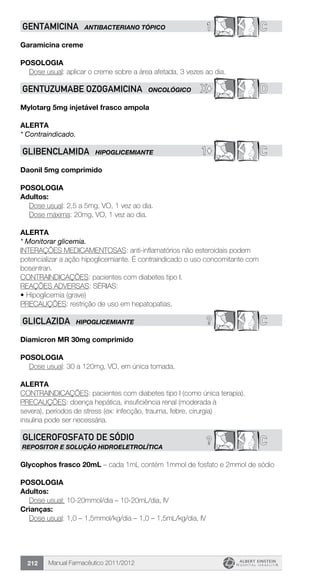 Manual Farmacêutico 2011/2012212
1 CGENTAMICINA ANTIBACTERIANO TÓPICO
Garamicina creme
Posologia
Dose usual: aplicar o creme sobre a área afetada, 3 vezes ao dia.
X© DGENTUZUMABe OZOGAMICINA ONCOLÓGICO
Mylotarg 5mg injetável frasco ampola
Alerta
* Contraindicado.
1© CGLIBENCLAMIDA HIPOGLICEMIANTE
Daonil 5mg comprimido
Posologia
Adultos:
	 Dose usual: 2,5 a 5mg, VO, 1 vez ao dia.
	 Dose máxima: 20mg, VO, 1 vez ao dia.
Alerta
* Monitorar glicemia.
INTERAÇÕES MEDICAMENTOSAS: anti-inflamatórios não esteroidais podem
potencializar a ação hipoglicemiante. É contraindicado o uso concomitante com
bosentran.
CONTRAINDICAÇÕES: pacientes com diabetes tipo I.
REAÇÕES ADVERSAS: SÉRIAS:
•	Hipoglicemia (grave)
PRECAUÇÕES: restrição de uso em hepatopatias.
? CGLIClAZIDA HIPOGLICEMIANTE
Diamicron MR 30mg comprimido
Posologia
Dose usual: 30 a 120mg, VO, em única tomada.
Alerta
CONTRAINDICAÇÕES: pacientes com diabetes tipo I (como única terapia).
PRECAUÇÕES: doença hepática, insuficiência renal (moderada à
severa), períodos de stress (ex: infecção, trauma, febre, cirurgia)
insulina pode ser necessária.
C?GLICEROFOSFATO DE SÓDIO
REPOSITOR E SOLUÇÃO HIDROELETROLÍTICA
Glycophos frasco 20mL – cada 1mL contém 1mmol de fosfato e 2mmol de sódio
POSOLOGIA
Adultos:
	 Dose usual: 10-20mmol/dia – 10-20mL/dia, IV
Crianças:
	 Dose usual: 1,0 – 1,5mmol/kg/dia – 1,0 – 1,5mL/kg/dia, IV
 