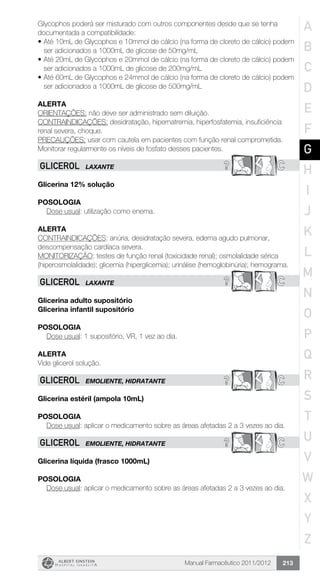 Manual Farmacêutico 2011/2012 213
Glycophos poderá ser misturado com outros componentes desde que se tenha
documentada a compatibilidade:
•	Até 10mL de Glycophos e 10mmol de cálcio (na forma de cloreto de cálcio) podem
ser adicionados a 1000mL de glicose de 50mg/mL
•	Até 20mL de Glycophos e 20mmol de cálcio (na forma de cloreto de cálcio) podem
ser adicionados a 1000mL de glicose de 200mg/mL
•	Até 60mL de Glycophos e 24mmol de cálcio (na forma de cloreto de cálcio) podem
ser adicionados a 1000mL de glicose de 500mg/mL
ALERTA
ORIENTAÇÕES: não deve ser administrado sem diluição.
CONTRAINDICAÇÕES: desidratação, hipernatremia, hiperfosfatemia, insuficiência
renal severa, choque.
PRECAUÇÕES: usar com cautela em pacientes com função renal comprometida.
Monitorar regularmente os níveis de fosfato desses pacientes.
? CGLICEROL LAXANTE
Glicerina 12% solução
Posologia
Dose usual: utilização como enema.
Alerta
CONTRAINDICAÇÕES: anúria, desidratação severa, edema agudo pulmonar,
descompensação cardíaca severa.
MONITORIZAÇÃO: testes de função renal (toxicidade renal); osmolalidade sérica
(hiperosmolalidade); glicemia (hiperglicemia); urinálise (hemoglobinúria); hemograma.
? CGLICEROL LAXANTE
Glicerina adulto supositório
Glicerina infantil supositório
Posologia
Dose usual: 1 supositório, VR, 1 vez ao dia.
Alerta
Vide glicerol solução.
? CGLICEROL EMOLIENTE, HIDRATANTE
Glicerina estéril (ampola 10mL)
Posologia
Dose usual: aplicar o medicamento sobre as áreas afetadas 2 a 3 vezes ao dia.
? CGLICEROL EMOLIENTE, HIDRATANTE
Glicerina líquida (frasco 1000mL)
Posologia
Dose usual: aplicar o medicamento sobre as áreas afetadas 2 a 3 vezes ao dia.
A
B
C
D
E
F
G
H
I
J
K
L
M
N
O
P
Q
R
S
T
U
V
W
X
Y
Z
 