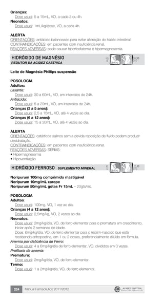 Manual Farmacêutico 2011/2012224
Crianças:
	 Dose usual: 5 a 15mL, VO, a cada 2 ou 4h.
Neonatos:
	 Dose usual: 1mL/kg/dose, VO, a cada 4h.
Alerta
ORIENTAÇÕES: antiácido balanceado para evitar alteração do hábito intestinal.
CONTRAINDICAÇÕES: em pacientes com insuficiência renal.
REAÇÕES ADVERSAS: pode causar hiperfosfatemia e hipermagnesemia.
B*?HIDRÓXIDO DE MAGNÉSIO
REDUTOR DA ACIDEZ GÁSTRICA
Leite de Magnésia Phillips suspensão
Posologia
Adultos:
Laxante:
	 Dose usual: 30 a 60mL, VO, em intervalos de 24h.
Antiácido:
	 Dose usual: 5 a 20mL, VO, em intervalos de 24h.
Crianças (2 a 5 anos):
	 Dose usual: 2,5 a 15mL, VO, até 4 vezes ao dia.
Crianças (6 a 12 anos):
	 Dose usual: 15 a 30mL, VO, até 4 vezes ao dia.
Alerta
ORIENTAÇÕES: catárticos salinos sem a devida reposição de fluido podem produzir
desidratação.
CONTRAINDICAÇÕES: em pacientes com insuficiência renal.
REAÇÕES ADVERSAS: SÉRIAS:
•	Hipermagnesemia
•	Hipoventilação
1 A*HIDRÓXIDO FERROSO SUPLEMENTO MINERAL
Noripurum 100mg comprimido mastigável
Noripurum 10mg/mL xarope
Noripurum 50mg/mL gotas Fr 15mL – 20gts/mL
Posologia
Adultos:
	 Dose usual: 100mg, VO, 1 vez ao dia.
Crianças (4 a 12 anos):
	 Dose usual: 2,5mg/kg, VO, 2 vezes ao dia.
Neonatos:
Dose usual: 2mg/kg/dia, VO, de ferro elementar para o prematuro em crescimento.
Iniciar após 2 semanas de idade.
Dose: 6mg/kg/dia, VO, de ferro elementar para o recém-nascido que está
recebendo eritropoetina, em 1 ou 2 doses, preferencialmente diluído em fórmula.
Anemia por deficiência de Ferro:
	 Dose usual: 4 a 6mg/kg/dia de ferro elementar, VO, divididos em 3 vezes.
Profilaxia da anemia:
Prematuro:
	 Dose usual: 2mg/kg/dia, VO, de ferro elementar.
Termo:
	 Dose usual: 1 a 2mg/kg/dia, VO, de ferro elementar.
 