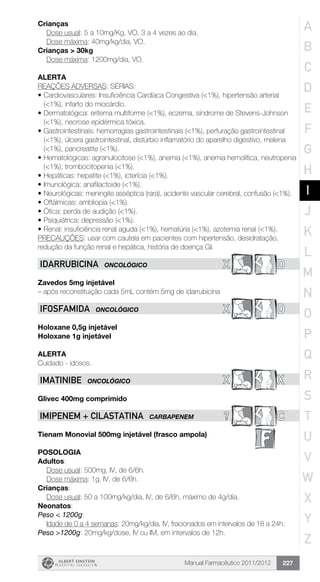Manual Farmacêutico 2011/2012 227
Crianças
	 Dose usual: 5 a 10mg/Kg, VO, 3 a 4 vezes ao dia.
	 Dose máxima: 40mg/kg/dia, VO.
Crianças > 30kg
	 Dose máxima: 1200mg/dia, VO.
Alerta
REAÇÕES ADVERSAS: SÉRIAS:
•	Cardiovasculares: Insuficiência Cardíaca Congestiva (<1%), hipertensão arterial
(<1%), infarto do miocárdio.
•	Dermatológica: eritema multiforme (<1%), eczema, síndrome de Stevens-Johnson
(<1%), necrose epidérmica tóxica.
•	Gastrointestinais: hemorragias gastrointestinais (<1%), perfuração gastrointestinal
(<1%), úlcera gastrointestinal, distúrbio inflamatório do aparelho digestivo, melena
(<1%), pancreatite (<1%).
•	Hematológicas: agranulocitose (<1%), anemia (<1%), anemia hemolítica, neutropenia
(<1%), trombocitopenia (<1%).
•	Hepáticas: hepatite (<1%), icterícia (<1%).
•	Imunológica: anafilactoide (<1%).
•	Neurológicas: meningite asséptica (rara), acidente vascular cerebral, confusão (<1%).
•	Oftálmicas: ambliopia (<1%).
•	Ótica: perda de audição (<1%).
•	Psiquiátrica: depressão (<1%).
•	Renal: insuficiência renal aguda (<1%), hematúria (<1%), azotemia renal (<1%).
PRECAUÇÕES: usar com cautela em pacientes com hipertensão, desidratação,
redução da função renal e hepática, história de doença GI.
X DIDARRUBICINA ONCOLÓGICO
Zavedos 5mg injetável
– após reconstituição cada 5mL contém 5mg de idarrubicina
X DIFOSFAMIDA ONCOLÓGICO
Holoxane 0,5g injetável
Holoxane 1g injetável
ALERTA
Cuidado - idosos.
X XIMATINIBE ONCOLÓGICO
Glivec 400mg comprimido
? CIMIPENEM + CILASTATINA CARBAPENEM
Tienam Monovial 500mg injetável (frasco ampola)
Posologia
Adultos:
	 Dose usual: 500mg, IV, de 6/6h.
	 Dose máxima: 1g, IV, de 6/6h.
Crianças:
	 Dose usual: 50 a 100mg/kg/dia, IV, de 6/6h, máximo de 4g/dia.
Neonatos:
Peso < 1200g:
Idade de 0 a 4 semanas: 20mg/kg/dia, IV, fracionados em ­intervalos de 18 a 24h.
Peso >1200g: 20mg/kg/dose, IV ou IM, em intervalos de 12h.
A
B
C
D
E
F
G
H
I
J
K
L
M
N
O
P
Q
R
S
T
U
V
W
X
Y
Z
 