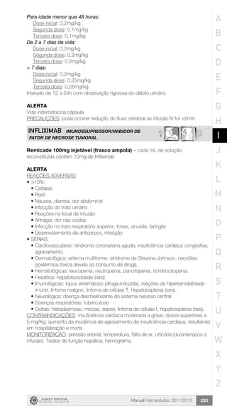Manual Farmacêutico 2011/2012 233
Para idade menor que 48 horas:
	 Dose inicial: 0,2mg/kg
	 Segunda dose: 0,1mg/kg
	 Terceira dose: 0,1mg/kg
De 2 a 7 dias de vida:
	 Dose inicial: 0,2mg/kg
	 Segunda dose: 0,2mg/kg
	 Terceira dose: 0,2mg/kg
> 7 dias:
	 Dose inicial: 0,2mg/kg
	 Segunda dose: 0,25mg/kg
	 Terceira dose: 0,25mg/kg
Intervalo de 12 a 24h com observação rigorosa do débito urinário.
Alerta
Vide indometacina cápsula
PRECAUÇÕES: pode ocorrer redução do fluxo cerebral se infusão IV for <5min.
? BINFLIXIMAB IMUNOSSUPRESSOR/INIBIDOR DE
FATOR DE NECROSE TUMORAL
Remicade 100mg injetável (frasco ampola) – cada mL de solução
reconstituída contém 10mg de Infliximab
ALERTA
REAÇÕES ADVERSAS:
•	>10%:
•	Cefaleia
•	Rash
•	Náusea, diarreia, dor abdominal
•	Infecção do trato urinário
•	Reações no local da infusão
•	Artralgia, dor nas costas
•	Infecção no trato respiratório superior, tosse, sinusite, faringite
•	Desenvolvimento de anticorpos, infecção
•	SÉRIAS:
•	Cardiovasculares: síndrome coronariana aguda, insuficiência cardíaca congestiva,
agravamento.
•	Dermatológica: eritema multiforme, síndrome de Stevens-Johnson, necrólise
epidérmica tóxica devido ao consumo de droga.
•	Hematológicas: leucopenia, neutropenia, pancitopenia, trombocitopenia.
•	Hepática: hepatotoxicidade (rara)
•	Imunológicas: lúpus eritematoso (droga-induzida), reações de hipersensibilidade
imune, linfoma maligno, linfoma de células T, hepatoesplenia (rara).
•	Neurológica: doença desmielinizante do sistema nervoso central
•	Doenças respiratórias: tuberculose
•	Outras: histoplasmose, micose, sepse, linfoma de células t, hepatoesplenia (rara).
CONTRAINDICAÇÕES: insuficiência cardíaca moderada a grave; doses superiores a
5 mg/Kg; aumento da incidência de agravamento de insuficiência cardíaca, resultando
em hospitalização e morte.
MONITORIZAÇÃO: pressão arterial, temperatura, falta de ar, urticária (durante/após a
infusão). Testes de função hepática, hemograma.
A
B
C
D
E
F
G
H
I
J
K
L
M
N
O
P
Q
R
S
T
U
V
W
X
Y
Z
 