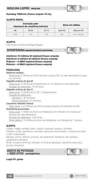 Manual Farmacêutico 2011/2012236
1 BINSULINA LISPRO INSULINA
Humalog 100UI/mL (frasco ampola 10 mL)
AJUSTE RENAL
Correção pelo
clearance de creatinina (ml/min)
Dose em diálise
>80 80-50 50-10 após HD diária em DP
100% 75% 50% Não Sem correção
ALERTA
Vide Insulina Humana Análoga Glargina
? CINTERFERONA imunoterápico/ANTIVIRAL
Interferon 10 milhões UI injetável (frasco ampola)
Interferon 3 milhões UI injetável (frasco ampola)
Roferon – A 3MUI injetável (frasco ampola)
Roferon – A 9MUI injetável (frasco ampola)
Posologia
Mieloma múltiplo:
Dose inicial: 2 milhões de UI/m2 de área corporal, SC, em dias ­alternados (3 vezes
por semana).
Hepatite crônica do tipo B:
Dose inicial: 5 milhões de UI diariamente ou 10 milhões em dias alternados.
Duração do tratamento: 16 semanas.
Hepatite crônica do tipo C:
Dose usual: 3 milhões de UI, SC, 3 vezes/semana.
Duração do tratamento:
	 Genótipo 1: 48 semanas.
	 Outros genótipos: 24 semanas.
Leucemia mieloide crônica:
Dose usual: 4 a 5 milhões de UI/m2 de área corporal, em ­intervalos de 24h.
Condiloma acuminado:
Dose usual: 1 milhão de UI por via intralesional, em intervalos de 3 vezes por
semana (em dias alternados).
Duração do tratamento: 3 semanas.
Dose máxima: 15 milhões de UI por via intralesional, em intervalos de 1 semana.
Alerta
Fadiga, mialgia, artralgia, febre, calafrio, sudorese, astenia, câimbras.
Cefaleia, surdez, parestesia, confusão, perda de concentração, mudança do sabor
e odor e depressão.
Náusea, vômito, diarreia, anorexia, dor abdominal, flatulência, dor ­hepática,
sangramento gengival.
Rinite, sinusite e arritmias. Infecção no local de aplicação, ­exantema, pele seca,
prurido, hematúria.
D1IODETO DE POTÁSSIO
+ IODO ATIVO ANTIsSÉPTICO
Lugol 5% gotas
 