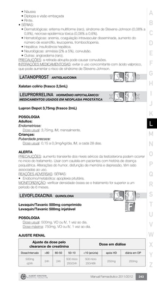 Manual Farmacêutico 2011/2012 243
•	Náusea
•	Diplopia e visão embaçada
•	Rinite.
•	SÉRIAS:
•	Dermatológicas: eritema multiforme (raro), síndrome de Stevens-Johnson (0,08% a
0,8%), necrose epidérmica tóxica (0,08% a 0,8%).
•	Hematológicas: anemia, coagulação intravascular disseminada, aumento do
número de eosinófilo, leucopenia, trombocitopenia.
•	Hepática: insuficiência hepática.
•	Neurológicas: amnésia (2% a 5%), convulsão.
•	Outras: angioedema (raro).
PRECAUÇÕES: a retirada abrupta pode causar convulsões.
INTERAÇÕES MEDICAMENTOSAS: evitar o uso concomitante com ácido valproico,
que pode aumentar o risco de síndrome de Stevens-Johnson.
? CLATANOPROST ANTIGLAUCOMA
Xalatan colírio (frasco 2,5mL)
XXLEUPRORRELINA HORMÔNIO HIPOTALÂMICO/
MEDICAMENTOS USADOS EM NEOPLASIA PROSTÁTICA
Lupron Depot 3,75mg (frasco 2mL)
Posologia
Adultos:
Endometriose:
	 Dose usual: 3,75mg, IM, mensalmente.
Crianças:
Puberdade precoce:
	 Dose usual: 0,15 a 0,3mg/kg/dia, IM, a cada 28 dias.
Alerta
PRECAUÇÕES: aumento transiente dos níveis séricos da testosterona podem ocorrer
no inicio do tratamento. Usar com cautela em pacientes com história de doença
psiquiátrica. Alterações do humor, disfunção de memória e depressão, têm sido
associadas ao uso.
REAÇÕES ADVERSAS: SÉRIAS:
•	 Endócrino/metabólica: apoplexia pituitária.
MONITORIZAÇÃO: verificar densidade óssea se o tratamento for superior a um
período de 6 meses.
2 CLEVOFLOXACINA QUINOLONA
Levaquin/Tavanic 500mg comprimido
Levaquin/Tavanic 500mg injetável
Posologia
	 Dose usual: 500mg, VO ou IV, 1 vez ao dia.
	 Dose máxima: 750mg, VO ou IV, 1 vez ao dia.
AJUSTE RENAL
Ajuste da dose pelo
clearance de creatinina
Dose em diálise
Dose/intervalo >80 80-50 50-10 <10 (anúria) após HD diária em DP
500mg
q24h
24h 24h
500 início
250/24h
500 início
250/48h
250mg 250mg
A
B
C
D
E
F
G
H
I
J
K
L
M
N
O
P
Q
R
S
T
U
V
W
X
Y
Z
 