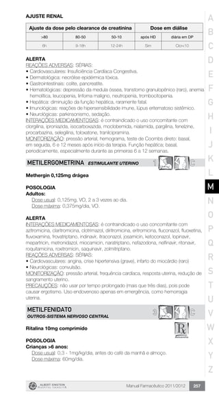 Manual Farmacêutico 2011/2012 257
AJUSTE RENAL
Ajuste da dose pelo clearance de creatinina Dose em diálise
>80 80-50 50-10 após HD diária em DP
6h 9-18h 12-24h Sim Clcr<10
Alerta
REAÇÕES ADVERSAS: SÉRIAS:
•	Cardiovasculares: Insuficiência Cardíaca Congestiva.
•	Dermatológica: necrólise epidérmica tóxica.
•	Gastrointestinais: colite, pancreatite.
•	Hematológicas: depressão da medula óssea, transtorno granulopênico (raro), anemia
hemolítica, leucopenia, linfoma maligno, neutropenia, trombocitopenia.
•	Hepática: diminuição da função hepática, raramente fatal.
•	Imunológicas: reações de hipersensibilidade imune, lúpus eritematoso sistêmico.
•	Neurológicas: parkinsonismo, sedação.
INTERAÇÕES MEDICAMENTOSAS: é contraindicado o uso concomitante com
clorgilina, iproniazida, isocarboxazida, moclobemida, nialamida, pargilina, fenelzine,
procarbazina, selegilina, toloxatone, tranilcipramina.
MONITORIZAÇÃO: pressão arterial, hemograma, teste de Coombs direto: basal,
em seguida, 6 e 12 meses após início da terapia. Função hepática; basal,
periodicamente, especialmente durante as primeiras 6 a 12 semanas.
1 CMETILERGOMETRINA ESTIMULANTE UTERINO
Methergin 0,125mg drágea
Posologia
Adultos:
	 Dose usual: 0,125mg, VO, 2 a 3 vezes ao dia.
	 Dose máxima: 0,375mg/dia, VO.
Alerta
INTERAÇÕES MEDICAMENTOSAS: é contraindicado o uso concomitante com
azitromicina, claritromicina, clotrimazol, diritromicina, eritromicina, fluconazol, fluoxetina,
fluvoxamina, frovatriptano, indinavir, itraconazol, josamicin, ketoconazol, lopinavir,
mepartricin, metronidazol, miocamicin, naratriptano, nefazodona, nelfinavir, ritonavir,
roquitamicina, roxitromicin, saquinavir, zolmitriptano.
REAÇÕES ADVERSAS: SÉRIAS:
•	Cardiovasculares: angina, crise hipertensiva (grave), infarto do miocárdio (raro)
•	Neurológicas: convulsão.
MONITORIZAÇÃO: pressão arterial, frequência cardíaca, resposta uterina, redução de
sangramento uterino.
PRECAUÇÕES: não usar por tempo prolongado (mais que três dias), pois pode
causar ergotismo. Uso endovenoso apenas em emergência, como hemorragia
uterina.
C3METILFENIDATO
outros-sistema nervoso central
Ritalina 10mg comprimido
Posologia
Crianças >6 anos:
Dose usual: 0,3 - 1mg/kg/dia, antes do café da manhã e almoço.
Dose máxima: 60mg/dia.
A
B
C
D
E
F
G
H
I
J
K
L
M
N
O
P
Q
R
S
T
U
V
W
X
Y
Z
 