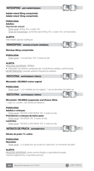 Manual Farmacêutico 2011/2012274
1 CNIFEDIPINO ANTI-HIPERTENSIVO
Adalat retard 20mg comprimido
Adalat retard 10mg comprimido
Posologia
Adultos:
Hipertensão arterial:
	 Dose usual: 20mg, VO, a cada 12h.
	 Dose de manutenção: aumentar para 40mg, VO, a cada 12h, se necessário.
Alerta
Vide Adalat cápsula sublingual.
1 CNIMODIPINO VASODILATADOR CEREBRAL
Nimotop 30mg comprimido
Posologia
Dose usual: 1 comprimido, VO, 3 vezes ao dia.
Alerta
REAÇÕES ADVERSAS: SÉRIAS:
•	 Desordem do sistema cardiovascular, insuficiência cardíaca, arritmia (rara).
MONITORIZAÇÃO: pressão arterial e frequência cardíaca.
1 CNISTATINA ANTIFÚNGICO TÓPICO
Micostatin 100.000UI creme vaginal
Posologia
Dose usual: 1 a 2 medidas por via vaginal, 1 vez ao dia antes de deitar-se.
1 CNISTATINA ANTIFÚNGICO TÓPICO
Micostatin 100.000UI suspensão oral (frasco 50mL
– cada mL contém 100.000UI de Nistatina
Posologia
Adultos e crianças:
	 Dose usual: 100.000 a 600.000UI, VO, 4 vezes ao dia.
Prematuros e crianças de baixo peso:
	 Dose usual: 100.000UI, VO, 4 vezes ao dia.
Lactentes:
	 Dose usual: 100.000 a 200.000UI, VO, 4 vezes ao dia.
1 A*NITRATO DE PRATA ANTISSÉPTICO
Nitrato de prata 1% colírio
Posologia
Neonatos:
Dose usual: 1 a 2 gotas por via ocular em cada olho, no ­momento do parto.
Alerta
REAÇÕES ADVERSAS: pode ocorrer irritação e queimadura da pele,
metahemoglobinemia, conjuntivite química.
 