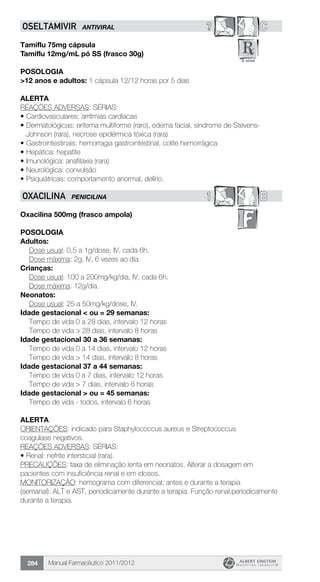 Manual Farmacêutico 2011/2012284
? COSELTAMIVIR ANTIVIRAL
Tamiflu 75mg cápsula
Tamiflu 12mg/mL pó SS (frasco 30g)
Posologia
>12 anos e adultos: 1 cápsula 12/12 horas por 5 dias
Alerta
REAÇÕES ADVERSAS: SÉRIAS:
•	Cardiovasculares: arritmias cardíacas
•	Dermatológicas: eritema multiforme (raro), edema facial, síndrome de Stevens-
Johnson (rara), necrose epidérmica tóxica (rara)
•	Gastrointestinais: hemorragia gastrointestinal, colite hemorrágica
•	Hepática: hepatite
•	Imunológica: anafilaxia (rara)
•	Neurológica: convulsão
•	Psiquiátricas: comportamento anormal, delírio.
1 BOXACILINA PENICILINA
Oxacilina 500mg (frasco ampola)
Posologia
Adultos:
	 Dose usual: 0,5 a 1g/dose, IV, cada 6h.
	 Dose máxima: 2g, IV, 6 vezes ao dia.
Crianças:
	 Dose usual: 100 a 200mg/kg/dia, IV, cada 6h.
	 Dose máxima: 12g/dia.
Neonatos:
	 Dose usual: 25 a 50mg/kg/dose, IV.
Idade gestacional < ou = 29 semanas:
	 Tempo de vida 0 a 28 dias, intervalo 12 horas
	 Tempo de vida > 28 dias, intervalo 8 horas
Idade gestacional 30 a 36 semanas:
	 Tempo de vida 0 a 14 dias, intervalo 12 horas
	 Tempo de vida > 14 dias, intervalo 8 horas
Idade gestacional 37 a 44 semanas:
	 Tempo de vida 0 a 7 dias, intervalo 12 horas
	 Tempo de vida > 7 dias, intervalo 8 horas
Idade gestacional > ou = 45 semanas:
	 Tempo de vida - todos, intervalo 6 horas
Alerta
ORIENTAÇÕES: indicado para Staphylococcus aureus e Streptococcus
coagulase negativos.
REAÇÕES ADVERSAS: SÉRIAS:
•	Renal: nefrite intersticial (rara).
PRECAUÇÕES: taxa de eliminação lenta em neonatos. Alterar a dosagem em
pacientes com insuficiência renal e em idosos.
MONITORIZAÇÃO: hemograma com diferencial; antes e durante a terapia
(semanal). ALT e AST, periodicamente durante a terapia. Função renal,periodicamente
durante a terapia.
 