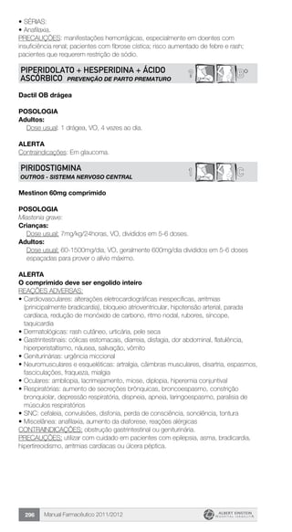 Manual Farmacêutico 2011/2012296
•	SÉRIAS:
•	Anafilaxia.
PRECAUÇÕES: manifestações hemorrágicas, especialmente em doentes com
insuficiência renal; pacientes com fibrose cística; risco aumentado de febre e rash;
pacientes que requerem restrição de sódio.
B*?PIPERIDOLATO + HESPERIDINA + ÁCIDO
ASCÓRBICO PREVENÇÃO DE PARTO PREMATURO
Dactil OB drágea
Posologia
Adultos:
	 Dose usual: 1 drágea, VO, 4 vezes ao dia.
Alerta
Contraindicações: Em glaucoma.
C1PIRIDOSTIGMINA
OUTROS - SISTEMA NERVOSO CENTRAL
Mestinon 60mg comprimido
POSOLOGIA
Miastenia grave:
Crianças:
	 Dose usual: 7mg/kg/24horas, VO, divididos em 5-6 doses.
Adultos:
Dose usual: 60-1500mg/dia, VO, geralmente 600mg/dia divididos em 5-6 doses
espaçadas para prover o alívio máximo.
ALERTA
O comprimido deve ser engolido inteiro
REAÇÕES ADVERSAS:
•	Cardiovasculares: alterações eletrocardiográficas inespecíficas, arritmias
(prinicipalmente bradicardia), bloqueio atrioventricular, hipotensão arterial, parada
cardíaca, redução de monóxido de carbono, ritmo nodal, rubores, síncope,
taquicardia
•	Dermatológicas: rash cutâneo, urticária, pele seca
•	Gastrintestinais: cólicas estomacais, diarreia, disfagia, dor abdominal, flatulência,
hiperperistaltismo, náusea, salivação, vômito
•	Geniturinárias: urgência miccional
•	Neuromusculares e esqueléticas: artralgia, câimbras musculares, disartria, espasmos,
fasciculações, fraqueza, mialgia
•	Oculares: ambliopia, lacrimejamento, miose, diplopia, hiperemia conjuntival
•	Respiratórias: aumento de secreções brônquicas, broncoespasmo, constrição
bronquiolar, depressão respiratória, dispneia, apneia, laringoespasmo, paralisia de
músculos respiratórios
•	SNC: cefaleia, convulsões, disfonia, perda de consciência, sonolência, tontura
•	Miscelânea: anafilaxia, aumento da diaforese, reações alérgicas
CONTRAINDICAÇÕES: obstrução gastrintestinal ou geniturinária.
PRECAUÇÕES: utilizar com cuidado em pacientes com epilepsia, asma, bradicardia,
hipertireoidismo, arritmias cardíacas ou úlcera péptica.
 