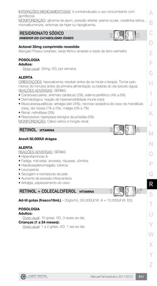Manual Farmacêutico 2011/2012 311
INTERAÇÕES MEDICAMENTOSAS: é contraindicado o uso concomitante com
gemfibrosil.
MONITORIZAÇÃO: glicemia de jejum, pressão arterial, exame ocular, creatinina sérica,
microalbuminúria, sintomas de hiper ou hipoglicemia.
C2RESIDRONATO SÓDICO
Inibidor do Catabolismo Ósseo
Actonel 35mg comprimido revestido
Atenção! Possui corantes: óxido férrico amarelo e óxido de ferro vermelho
POSOLOGIA
Adultos:
Dose usual: 35mg, VO, por semana.
Alerta
ORIENTAÇÕES: hipocalcemia; resolver antes de se iniciar a terapia. Tomar pelo
menos 30 minutos antes da primeira alimentação ou bebida do dia (exceto água).
REAÇÕES ADVERSAS: SÉRIAS:
•	Cardiovasculares: arritmias cardíacas (2%), edema periférico (4% a 6%)
•	Dermatológica: reação de hipersensibilidade imune (rara)
•	Musculoesqueléticas: artralgia (até 24%), necrose asséptica do osso da mandíbula
(rara), dor óssea (1% a 5%), mialgia (5% a 7%)
•	Renal: nefrolitíase (3%)
•	Reprodutiva: hiperplasia benigna da próstata (5%)
MONITORIZAÇÃO: Cálcio sérico e função renal.
2 ARETINOL VITAMINA
Arovit 50.000UI drágea
Alerta
REAÇÕES ADVERSAS: SÉRIAS:
•	Hipervitaminose A
•	Fadiga, mal estar, anorexia, náuseas, vômitos
•	Hepatoesplenomegalia, icterícia
•	Leucopenia
•	Secagem e rachaduras da pele
•	Aumento da pressão intracraniana
•	Artralgia, espessamento do osso
1 A*RETINOL + coleCALCIFEROL VITAMINA
Ad-til gotas (frasco10mL) – 20gts/mL (50.000UI Vit. A + 10.000UI Vit. D3)
Posologia
Adultos:
	 Dose usual: 10 gotas, VO, 3 vezes ao dia.
Crianças (1 a 24 meses):
	 Dose usual: 1 a 2 gotas, VO, 1 vez ao dia.
A
B
C
D
E
F
G
H
I
J
K
L
M
N
O
P
Q
R
S
T
U
V
W
X
Y
Z
 