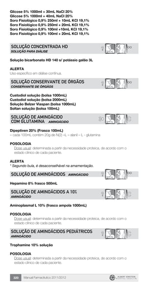 Manual Farmacêutico 2011/2012320
Glicose 5% 1000ml + 30mL NaCl 20%
Glicose 5% 1000ml + 40mL NaCl 20%
Soro Fisiológico 0,9% 250ml + 10mL KCl 19,1%
Soro Fisiológico 0,9% 250ml + 20mL KCl 19,1%
Soro Fisiológico 0,9% 100ml +10mL KCl 19,1%
Soro Fisiológico 0,9% 100ml + 20mL KCl 19,1%
**?SOLUÇÃO CONCENTRADA HD
SOLUÇÃO PARA DIÁLISE
Solução bicarbonato HD 140 s/ potássio galão 3L
Alerta
Uso específico em diálise contínua.
**?SOLUÇÃO CONSERVANTE DE ÓRGÃOS
CONSERVANTE DE óRGÃOS
Custodiol solução (bolsa 1000mL)
Custodiol solução (bolsa 2000mL)
Solução Belzer Viaspan (bolsa 1000mL)
Soltan solução (bolsa 100mL)
C3©SOLUÇÃO DE AMINOÁCIDO
COM GLUTAMINA AMINOÁCIDO
Dipeptiven 20% (Frasco 100mL)
– cada 100mL contém 20g de N(2) –L – alanil – L - glutamina
Posologia
Dose usual: determinada a partir da necessidade proteica, de ­acordo com o
estado clínico de cada paciente.
Alerta
* Segundo bula, é desaconselhável na amamentação.
? **SOLUÇÃO DE AMINOÁCIDOS AMINOÁCIDO
Hepamino 8% frasco 500mL
? CSOLUÇÃO DE AMINOÁCIDOS A 10%
AMINOÁCIDO
Aminoplasmal L 10% (frasco ampola 1000mL)
Posologia
Dose usual: determinada a partir da necessidade proteica, de ­acordo com o
estado clínico de cada paciente.
C?SOLUÇÃO DE AMINOÁCIDOS PEDIÁTRICOS
AMINOÁCIDO
Trophamine 10% solução
Posologia
Dose usual: determinada a partir da necessidade proteica, de ­acordo com o
estado clínico de cada paciente.
 