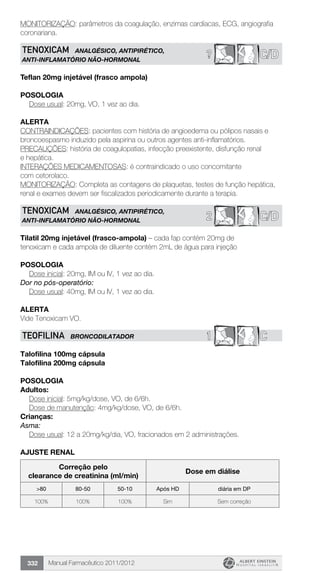 Manual Farmacêutico 2011/2012332
MONITORIZAÇÃO: parâmetros da coagulação, enzimas cardíacas, ECG, angiografia
coronariana.
C/D?TENOXICAM ANALGÉSICO, ANTIPIRÉTICO,
ANTI-INFLAMATÓRIO NÃO-HORMONAL
Teflan 20mg injetável (frasco ampola)
Posologia
Dose usual: 20mg, VO, 1 vez ao dia.
Alerta
CONTRAINDICAÇÕES: pacientes com história de angioedema ou pólipos nasais e
broncoespasmo induzido pela aspirina ou outros agentes anti-inflamatórios.
PRECAUÇÕES: história de coagulopatias, infecção preexistente, disfunção renal
e hepática.
INTERAÇÕES MEDICAMENTOSAS: é contraindicado o uso concomitante
com cetorolaco.
MONITORIZAÇÃO: Completa as contagens de plaquetas, testes de função hepática,
renal e exames devem ser fiscalizados periodicamente durante a terapia.
C/D2
TENOXICAM ANALGÉSICO, ANTIPIRÉTICO,
ANTI-INFLAMATÓRIO NÃO-HORMONAL
Tilatil 20mg injetável (frasco-ampola) – cada fap contém 20mg de
tenoxicam e cada ampola de diluente contém 2mL de água para injeção
Posologia
	 Dose inicial: 20mg, IM ou IV, 1 vez ao dia.
Dor no pós-operatório:
	 Dose usual: 40mg, IM ou IV, 1 vez ao dia.
Alerta
Vide Tenoxicam VO.
1 CTEOFILINA BRONCODILATADOR
Talofilina 100mg cápsula
Talofilina 200mg cápsula
Posologia
Adultos:
	 Dose inicial: 5mg/kg/dose, VO, de 6/6h.
	 Dose de manutenção: 4mg/kg/dose, VO, de 6/6h.
Crianças:
Asma:
Dose usual: 12 a 20mg/kg/dia, VO, fracionados em 2 administrações.
AJUSTE RENAL
Correção pelo
clearance de creatinina (ml/min)
Dose em diálise
>80 80-50 50-10 Após HD diária em DP
100% 100% 100% Sim Sem correção
 