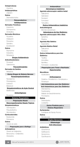 Manual Farmacêutico 2011/201238
Ciclopirrolonas
	 Zopiclona
Imidazopiridinas
	 Zolpidem
Outros
	 Dexmedetomidina
Psicoanalépticos
Antidepressivos
Derivados Tricíclicos
	 Imipramina
	 Clomipramina
	 Amitriptilina
Derivados Bicíclicos
	 Fluoxetina
	 Citalopram
	 Paroxetina
	 Sertralina
	 Escitalopram
Outros
	 Bupropiona
	 Duloxetina
	 Mirtazapina
Drogas Antidemência
Anticolinesterásico
	 Donepezil
	 Galantamina
Psicoestimulantes
Derivados de Xantina
	 Metadona
Outras Drogas do Sistema Nervoso
Parassimpatomiméticos
	 Neostigmina
	 Piridostigmina
	 Carbacol
	 Betanecol
Simpatomiméticos de Ação Central
	 Metilfenidato
Antivertiginoso
	 Flunarizina
Sistema Respiratório
Preparações Nasais
Descongestionantes Nasais Tópicos
Simpatomiméticos
	 Oximetazolina
	 Pseudoefedrina
	 Xilometazolina
Corticosteroides
	 Budesonida
	 Fluticasona
Outros
	 Cloreto de sódio
Preparações para o Esôfago
Antissépticos
	 Cloreto de Cetilpiridinio
	 Benzocaina + Cetilpiridínio
	 Clorexidina
Antiasmáticos
Adrenérgicos Inalatórios
Agonista adrenoceptor seletivo beta2
	 Salbutamol
	 Salmeterol
	 Fenoterol
	 Formoterol
	 Terbutalina
Outros Antiasmáticos Inalatórios
Anticolinérgicos
	 Brometo de Ipratropio
Adrenérgicos de Uso Sistêmico
Agonista adrenoceptor Alfa e Beta
	 Epinefrina
	 Efedrina
Agonista Não Seletivo
	 Isoprenalina
Agonista Seletivo Beta2
	 Salbutamol
	 Fenoterol
Outros Antiasmáticos para Uso
Sistêmico
	 Teofilina
	 Aminofilina
	 Bamifilina
	 Formoterol + budesonida
Preparações para Tosse e Resfriados
Espectorantes
Mucolíticos
	 Acetilcisteína
Antitussígenos
Codeína + Fenetilamina + Homatropina +
Pentetrazol
Anti-histamínicos para Uso Sistêmico
Anti-histamínicos para Uso Sistêmico
	 Difenidramina
	 Fexofenadina
	 Maleato de Dexclorfeniramina
	 Prometazina
Outros
	 Desloratadina
	 Loratadina
Outros Produtos para o
Sistema Respiratório
Surfactantes
	 Fosfolípide de Pulmão Porcino
Outros
	 Montelucaste
Orgãos Sensoriais
Oftalmologia
Anti-infecciosos
Antibióticos
	 Cloranfenicol
	 Gatifloxacino
	 Gentamicina
	 Ciprofloxacina
 