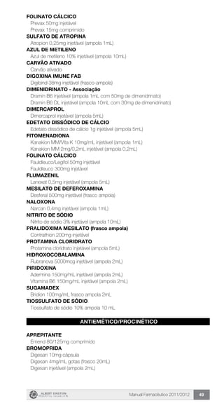 Manual Farmacêutico 2011/2012 49
FOLINATO CÁLCICO
Prevax 50mg injetável
Prevax 15mg comprimido
SULFATO DE ATROPINA
Atropion 0,25mg injetável (ampola 1mL)
AZUL DE METILENO
Azul de metileno 10% injetável (ampola 10mL)
CARVÃO ATIVADO
Carvão ativado
DIGOXINA IMUNE FAB
Digibind 38mg injetável (frasco-ampola)
DIMENIDRINATO - Associação
Dramin B6 injetável (ampola 1mL com 50mg de dimenidrinato)
Dramin B6 DL injetável (ampola 10mL com 30mg de dimenidrinato)
DIMERCAPROL
Dimercaprol injetável (ampola 5mL)
EDETATO DISSÓDICO DE CÁLCIO
Edetato dissódico de cálcio 1g injetável (ampola 5mL)
FITOMENADIONA
Kanakion MM/Vita K 10mg/mL injetável (ampola 1mL)
Kanakion MM 2mg/0,2mL injetável (ampola 0,2mL)
FOLINATO CÁLCICO
Fauldleuco/Legifol 50mg injetável
Fauldleuco 300mg injetável
FLUMAZENIL
Lanexat 0,5mg injetável (ampola 5mL)
MESILATO DE DEFEROXAMINA
Desferal 500mg injetável (frasco ampola)
NALOXONA
Narcan 0,4mg injetável (ampola 1mL)
NITRITO DE SÓDIO
Nitrito de sódio 3% injetável (ampola 10mL)
PRALIDOXIMA MESILATO (frasco ampola)
Contrathion 200mg injetável
PROTAMINA CLORIDRATO
Protamina cloridrato injetável (ampola 5mL)
HIDROXOCOBALAMINA
Rubranova 5000mcg injetável (ampola 2mL)
PIRIDOXINA
Adermina 150mg/mL injetável (ampola 2mL)
Vitamina B6 150mg/mL injetável (ampola 2mL)
SUGAMADEX
Bridion 100mg/mL frasco ampola 2mL
TIOSSULFATO DE SÓDIO
Tiossulfato de sódio 10% ampola 10 mL
ANTIEMÉTICO/PROCINÉTICO
APREPITANTE
Emend 80/125mg comprimido
BROMOPRIDA
Digesan 10mg cápsula
Digesan 4mg/mL gotas (frasco 20mL)
Digesan injetável (ampola 2mL)
 