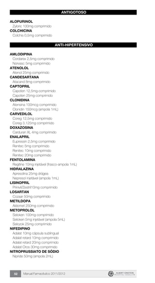 Manual Farmacêutico 2011/201252
ANTIGOTOSO
ALOPURINOL
Zyloric 100mg comprimido
COLCHICINA
Colchis 0,5mg comprimido
ANTI-HIPERTENSIVO
AMLODIPINA
Cordarex 2,5mg comprimido
Norvasc 5mg comprimido
ATENOLOL
Atenol 25mg comprimido
CANDESARTANa
Atacand 8mg comprimido
CAPTOPRIL
Capoten 12,5mg comprimido
Capoten 25mg comprimido
CLONIDINA
Atensina 100mcg comprimido
Clonidin 150mcg (ampola 1mL)
CARVEDILOL
Coreg 12,5mg comprimido
Coreg 3,125mg comprimido
DOXAZOSINA
Carduran XL 4mg comprimido
ENALAPRIL
Eupressin 2,5mg comprimido
Renitec 5mg comprimido
Renitec 10mg comprimido
Renitec 20mg comprimido
FENTOLAMINA
Regitine 10mg injetável (frasco-ampola 1mL)
HIDRALAZINA
Apresolina 25mg drágea
Nepresol injetável (ampola 1mL)
LISINOPRIL
Prinivil/Zestril10mg comprimido
LOSARTAN
Cozaar 50mg comprimido
METILDOPA
Aldomet 250mg comprimido
METOPROLOL
Seloken 100mg comprimido
Seloken 5mg injetável (ampola 5mL)
Selozok 25mg comprimido
NIFEDIPINO
Adalat 10mg cápsula sublingual
Adalat retard 10mg comprimido
Adalat retard 20mg comprimido
Adalat Oros 30mg comprimido
NITROPRUSSIATO DE SÓDIO
Nipride 50mg (ampola 2mL)
 