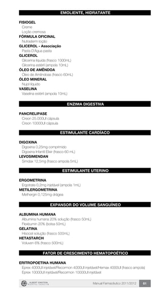 Manual Farmacêutico 2011/2012 61
EMOLIENTE, HIDRATANTE
fisiogel
Creme
Loção cremosa
FÓRMULA OFICINAL
Nutraderm loção
GLICEROL - Associação
Pasta D’Água pasta
GLICEROL
Glicerina líquida (frasco 1000mL)
Glicerina estéril (ampola 10mL)
ÓLEO DE AMÊNDOA
Óleo de Amêndoas (frasco 60mL)
ÓLEO MINERAL
Nujol líquido
VASELINA
Vaselina estéril (ampola 10mL)
ENZIMA DIGESTIVA
PANCRELIPASE
Creon 25.000UI cápsula
Creon 10000UI cápsula
ESTIMULANTE CARDÍACO
DIGOXINA
Digoxina 0,25mg comprimido
Digoxina Infantil Elixir (frasco 60 mL)
LEVOSIMENDAN
Simdax 12,5mg (frasco ampola 5mL)
ESTIMULANTE UTERINO
ERGOMETRINA
Ergotrate 0,2mg injetável (ampola 1mL)
METILERGOMETRINA
Methergin 0,125mg drágea
EXPANSOR DO VOLUME SANGuÍNEO
ALBUMINA HUMANA
Albumina humana 20% solução (frasco 50mL)
Flexbumin 20% (bolsa 50mL)
GELATINA
Hisocel solução (frasco 500mL)
HETASTARCH
Voluven 6% (frasco 500mL)
FATOR DE CRESCIMENTO HEMATOPOÉTICO
ERITROPOETINA HUMANA
Eprex 4000UI injetável/Recormon 4000UI injetável/Hemax 4000UI (frasco ampola)
Eprex 10000UI injetável/Recormon 10000UI injetável
 