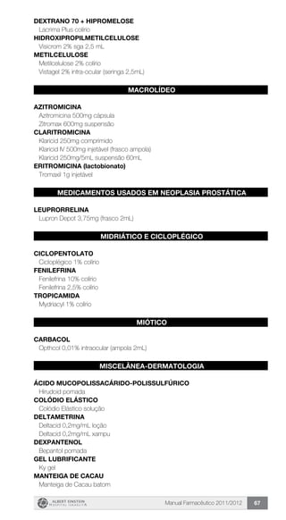 Manual Farmacêutico 2011/2012 67
DEXTRANO 70 + HIPROMELOSE
Lacrima Plus colírio
HIDROXIPROPILMETILCELULOSE
Visicrom 2% sga 2,5 mL
METILCELULOSE
Metilcelulose 2% colírio
Vistagel 2% intra-ocular (seringa 2,5mL)
MACROLÍDEO
AZITROMICINA
Azitromicina 500mg cápsula
Zitromax 600mg suspensão
CLARITROMICINA
Klaricid 250mg comprimido
Klaricid IV 500mg injetável (frasco ampola)
Klaricid 250mg/5mL suspensão 60mL
ERITROMICINA (lactobionato)
Tromaxil 1g injetável
MEDICAMENTOS USADOS EM NEOPLASIA PROSTÁTICA
LEUPRORRELINA
Lupron Depot 3,75mg (frasco 2mL)
MIDRIÁTICO E CICLOPLÉGICO
CICLOPENTOLATO
Cicloplégico 1% colírio
FENILEFRINA
Fenilefrina 10% colírio
Fenilefrina 2,5% colírio
TROPICAMIDA
Mydriacyl 1% colírio
MIÓTICO
CARBACOL
Opthcol 0,01% intraocular (ampola 2mL)
MISCELÂNEA-DERMATOLOGIA
ÁCIDO MUCOPOLISSACÁRIDO-POLISSULFÚRICO
Hirudoid pomada
COLÓDIO ELÁSTICO
Colódio Elástico solução
DELTAMETRINA
Deltacid 0,2mg/mL loção
Deltacid 0,2mg/mL xampu
DEXPANTENOL
Bepantol pomada
GEL LUBRIFICANTE
Ky gel
MANTEIGA DE CACAU
Manteiga de Cacau batom
 