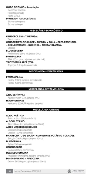 Manual Farmacêutico 2011/201268
ÓXIDO DE ZINCO - Associação
Dermodex pomada
Hipoglós pomada
Pasta D’Água
PROTETOR PARA OSTOMIA
Stomahesive pasta
Stomahesive pó
MISCELÂNEA-DIAGNÓSTICO
CARBOPOL 934 + TIMEROSAL
Gel condutor
CARBOXIMETILCELULOSE + NIPAGIN + ÁGUA + ÓLEO ­ESSENCIAL
+ SEQUESTRANTE + GLICEROL + TRIETANOLAMINA
Ultragel
FLUORESCEÍNA
Fluoresceína colírio 1% (frasco 3mL)
PROTIRELINA
TRH 200mcg/mL injetável (ampola 1mL)
TIROTROFINA ALFA (TSH)
Thyrogen 1,1mg (frasco ampola
MISCELÂNEA-HEMATOLOGIA
PENTOXIFILINA
Pentox 100mg injetável (ampola 5mL)
Pentox 400mg comprimido
MISCELÂNEA-OFTALMOLOGIA
AZUL DE TRYPAN
Azul de Trypan 0,1% (ampola 1mL)
HIALURONIDASE
Hyalozima 2000UTR injetável (ampola)
MISCELÂNEA-OUTROS
Ácido Acético
Ácido acético 3% (frasco 5mL)
ÁLCOOL ETÍLICO
Álcool Absoluto injetável (ampola 10mL)
ÁCIDO URSODESOXICÓLICO
Ursacol 50mg comprimido
Ursacol 150mg comprimido
BICARBONATO DE SÓDIO + CLORETO DE POTÁSSIO + GLICOSE
Solução Cardioplégica (ampola 10mL)
BUPROPIONA
Zyban 150mg comprimido
CABERGOLINA
Dostinex 0,5mg comprimido
DEXMEDETOMIDINA
Precedex 100mcg/mL injetável (ampola 2 mL)
DIMENIDRINATO + PIRIDOXINA
Dramin B6 25mg/mL gotas (frasco 20mL)
 