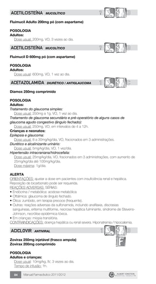 Manual Farmacêutico 2011/201284
? BACETILCISTEÍNA MUCOLÍTICO
Fluimucil Adulto 200mg pó (com aspartame)
Posologia
Adultos:
Dose usual: 200mg, VO, 3 vezes ao dia.
? BACETILCISTEÍNA MUCOLÍTICO
Fluimucil D 600mg pó (com aspartame)
Posologia
Adultos:
	 Dose usual: 600mg, VO, 1 vez ao dia.
1 CACETaZOLAMIDA DIURÉTICO / ANTIGLAUCOMA
Diamox 250mg comprimido
Posologia
Adultos:
Tratamento do glaucoma simples:
	 Dose usual: 250mg a 1g, VO, 1 vez ao dia.
Tratamento de glaucoma secundário e pré-operatório de alguns casos de
glaucoma agudo congestivo (ângulo fechado):
	 Dose usual: 250mg, VO, em intervalos de 4 a 12h.
Crianças e neonatos:
Epilepsia e glaucoma:
	 Dose usual: 8 a 30mg/kg/dia, VO, fracionados em 3 administrações.
Diurético e alcalinizante urinário:
	 Dose usual: 5mg/kg/dia, VO, 1 vez/dia.
Hipertensão intracraniana/hidrocefalia:
Dose usual: 25mg/kg/dia, VO, fracionados em 3 administrações, com aumento de
25mg/kg/dia até 100mg/kg/dia.
Dose máxima: 1g/dia.
Alerta
ORIENTAÇÕES: ajustar a dose em pacientes com insuficiência renal e hepática.
Reposição de bicarbonato pode ser requerida.
REAÇÕES ADVERSAS: SÉRIAS:
•	Endócrina / metabólica: acidose metabólica
•	Oftálmica: glaucoma de ângulo fechado.
•	Ótica: zumbido, em terapia precoce (frequente).
•	Outras: reações adversas da sulfonamida, incluindo anafilaxia, discrasias
sanguíneas, eritema multiforme, necrose hepática fulminante, síndrome de Stevens-
Johnson, necrólise epidérmica tóxica.
•	Em crianças: miopia transitória.
CONTRAINDICAÇÕES: doença hepática ou renal severa. Hiponatremia / hipocalemia.
1 BACICLOVIR ANTIVIRAL
Zovirax 250mg injetável (frasco ampola)
Zovirax 200mg comprimido
Posologia
Adultos e crianças:
	 Dose usual: 10mg/kg, IV, 3 vezes ao dia.
	 Tempo de infusão: 1h.
 