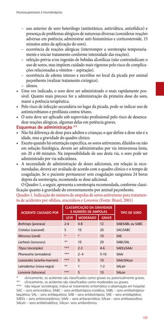 –– uso anterior de soro heterólogo (antitetânico, antirrábico, antiofídico) e
presença de problemas alérgicos de naturezas diversas (considerar reações
adversas em potência; administrar ­anti-histamínico e corticosteroide, 15
minutos antes da aplicação do soro).
–– ocorrência de reações alérgicas (interromper a soroterapia temporaria-
mente e iniciar tratamento conforme intensidade das reações).
–– refeição prévia e/ou ingestão de bebidas alcoólicas (não contraindicam o
uso de soros, mas impõem cuidado mais rigoroso pelo risco de complica-
ções relacionadas a vômitos – aspiração).
–– ocorrência de edema intenso e necrólise no local da picada por animal
peçonhento (realizar tratamento cirúrgico).
–– idosos.
•	 Uma vez indicado, o soro deve ser administrado o mais rapidamente pos-
sível. Quanto mais precoce for a administração da primeira dose do soro,
maior a potência terapêutica.
•	 Pelo risco de infecção secundária no lugar da picada, pode-se indicar uso de
antimicrobianos e profilaxia contra tétano.
•	 O soro deve ser aplicado sob supervisão profissional pelo risco de desenca-
dear reações alérgicas, algumas delas em potência graves.
Esquemas de administração 2-5
•	 Não há diferença de dose para adultos e crianças; o que define a dose não é a
idade, mas a gravidade do quadro clínico.
•	 Exceto quando há orientação específica, os soros antiveneno, diluídos ou não
em solução fisiológica, devem ser administrados por via intravenosa lenta,
em 20 a 60 minutos. Na impossibilidade de uso desta via, o soro pode ser
administrado por via subcutânea.
•	 A necessidade de administração de doses adicionais, em relação às reco-
mendadas, deverá ser avaliada de acordo com o quadro clínico e o tempo de
coagulação. Se o paciente permanecer sem coagulação sanguínea 24 horas
depois da soroterapia, recomenda-se dose adicional.
O Quadro 1, a seguir, apresenta a soroterapia recomendada, conforme classi-
ficação quanto à gravidade do envenenamento por animal peçonhento.
Quadro 1. Indicação do número de ampolas de soros antiveneno para tratamen-
to de acidentes por ofídios, aracnídeos e Lonomia (Fonte: Brasil, 2001)
ACIDENTE CAUSADO POR
CLASSIFICAÇÃO DA GRAVIDADE
E NÚMERO DE AMPOLAS TIPO DE SORO
LEVE MODERADO GRAVE
Bothrops (jararaca) 2-4 4-8 12 SAB/SABL ou SABC
Crotalus (cascavel) 5 10 20 SAC/SABC
Micrurus (coral) * * 10 SAE
Lachesis (surucucu) ** 10 20 SABL/SAL
Tityus (escorpião) *** 2-3 4-6 SAEEs/SAAr
Phoneutria (armadeira) *** 2- 4 5-10 SAAr
Loxosceles (aranha-marrom) *** 5 10 SAAr/SALox
Latrodectus (viúva-negra) ** 1 1-2 SALatr
Lonomia (taturana) *** 5 10 SALon
*	 clinicamente, os acidentes são classificados como graves ou potencialmente graves.
**	 clinicamente, os acidentes são classificados como moderados ou graves.
***	 não requer soroterapia; indica-se tratamento sintomático e observação em hospital.
SAC – soro anticrotálico; SABC – soro antibotrópico-crotálico; SABL – soro antibotrópico-
laquético; SAL – soro antilaquético; SAB – soro antibotrópico; SAE – soro antielapídico;
SAEEs – soro antiescorpiônico; SAAr – soro antiaracnídico; SALox – soro antiloxoscélico;
SALatr – soro antilatrodético; SALon- soro antilonômico.
189
Imunossupressores e imunoterápicos
 