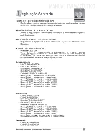 MANUAL FARMACÊUTICO
  L egislação Sanitária
• LEI Nº. 5.991, DE 17 DE DEZEMBRO DE 1973
    - Dispõe sobre o controle sanitário do comércio de drogas, medicamentos, insumos
      farmacêuticos e correlatos, e dá outras providências

• PORTARIA N.º344, DE 12 DE MAIO DE 1998
   - Aprova o Regulamento Técnico sobre substâncias e medicamentos sujeitos a
     controle especial.

• RESOLUÇÃO Nº 44 DE 17 DE AGOSTO DE 2009
   - Regulamenta e implementa as Boas Práticas de Dispensação em Farmácias e
     Drogarias.

• “SNGPC” PARA DISTRIBUIDORAS
    - Portaria Nº. 839 -GO
    - Tornar Obrigatória a ESCRITURAÇÃO ELETRÔNICA dos MEDICAMENTOS
      CONTROLADOS , para toda empresa que exerça a atividade de distribuir
      (comprar, vender, armazenar e expedir) tais produtos.

Armazenamento
  - Lei nº 6.360 de 23/09/76
  - Lei nº 6.437 de 20/08/77
  - Decreto nº 7.9094 de 05/01/77
  - Decreto nº 3.961 de 10/10/01
  - Portaria SVS/MS nº 6 de 29/01/99
  - Resolução RDC Anvisa/MS nº 35 de 25/02/03
  - Resolução RDC Anvisa/MS nº 210 de 04/08/03
  - Resolução RDC Anvisa/MS nº 176 de 07/06/05
  - Resolução RDC Anvisa/MS nº 346 de 16/12/02
  - Resolução RDC Anvisa/MS nº 249 de 13/09/05
  - Resolução RDC Anvisa/MS nº 59 de 27/06/00


Distribuição
   - Lei nº 6.360 de 23/09/76
   - Lei nº 6.437 de 20/08/77
   - Decreto nº 7.9094 de 05/01/77
   - Decreto nº 3.961 de 10/10/01
   - Portaria SVS/MS nº 6 de 29/01/99
   - Resolução RDC Anvisa/MS nº 35 de 25/02/03
   - Resolução RDC Anvisa/MS nº 176 de 07/06/05
   - Resolução RDC Anvisa/MS nº 249 de 13/09/05
   - Resolução RDC Anvisa/MS nº 59 de 27/06/00
   - Resolução Anvisa/MERCOSUL/GMC nº 49 de 28/11/02

Transporte
   - Lei nº 6360 de 23/09/76
   - Lei nº 6437 de 20/08/77

Boas práticas de armazenamento, distribuição e transporte de medicamentos          31
 