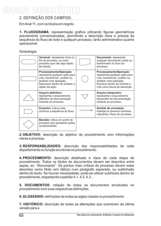 MANUAL FARMACÊUTICO
   2. DEFINIÇÃO DOS CAMPOS:
   Em Arial 11, com os títulos em negrito

   1. FLUXOGRAMA: representação gráfica utilizando figuras geométricas
   previamente convencionadas, permitindo a descrição clara e precisa da
   sequência do fluxo de todo e qualquer processo, tanto administrativo quanto
   operacional.

   Simbologia:
                 Terminal: representa início ou                             Documento: representa
                 fim do processo, ou outro                                  qualquer documento criado ou
                 processo que não seja objeto                               tranformado no fluxo do
                 de estudo.                                                 processo.

                 Processamento/Operação:                                    Processamento/Operação:
                 representa qualquer ação para                              representa qualquer ação para
                 criar, transformar, conferir ou                            criar, transformar, conferir ou
                 analisar uma operação.                                     analisar uma operação.
                 Descrever dentro do símbolo o                              Numerar dentro do símbolo e
                 objeto da ação.                                            criar uma coluna de descrição.

                 Arquivo definitivo:                                        Arquivo temporário:
                 representa o arquivamento                                  representa o arquivamento
                 definitivo da documentação                                 temporário da documentação
                 inerente ao processo.                                      inerente ao processo.

                 Conector: indica onde                                      Sentido de circulação:
                 continua a sequência do fluxo.                             interliga os diversos símbolos,
                                                                            indicando o fluxo do processo.

                 Decisão: indica um ponto do
                 processo que apresenta ações
                 condicionantes.


   2. OBJETIVO: descrição do objetivo do procedimento com informações
   claras e precisas.

   3. RESPONSABILIDADES: descrição das responsabilidades de cada
   departamento ou função envolvida no procedimento.

   4. PROCEDIMENTO: descrição detalhada e clara de cada etapa do
   procedimento. Todos os títulos de documentos devem ser descritos entre
   aspas, ex. “Documento”. Os pontos mais críticos do processo devem estar
   descritos como Nota (em itálico) num parágrafo separado, ou sublinhado
   dentro do texto. Se houver necessidade, pode-se utilizar subtítulos dentro do
   procedimento, respeitando o padrão 4.1, 4.2, 4.3...

   5. DOCUMENTOS: relação de todos os documentos envolvidos no
   procedimento com suas respectivas definições.

   6. GLOSSÁRIO: definições de todas as siglas citadas no procedimento.

   7. HISTÓRICO: descrição de todas as alterações que ocorreram da última
   versão para a

    34                                             Boas práticas de armazenamento, distribuição e transporte de medicamentos
 