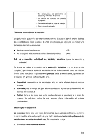 − Se comprueban los parámetros de
                                 espesor y velocidad de avance
                              − Se utilizan las bandas con gramaje
                                 apropiado
                              − Se mantiene limpio el lugar de trabajo
                              − Se controla el calibrado


Claves de evaluación de actividades


Sin perjuicio de que pueda ser interesante hacer una evaluación con un amplio abanico
de posibilidades (la típica escala de 0 a 10), en este caso, es suficiente con reflejar una
de las dos alternativas siguientes:

•   Realizado satisfactoriamente                                         (SÍ)
•   No se dispone de suficiente evidencia de la competencia              (NO)

9.4. La evaluación individual de carácter sintético (etapa de ejecución y
      evaluación)


En lo que se refiere al contenido de la evaluación individual con un alcance más
completo, que sintetice aspectos adicionales de la profesionalidad, tanto de carácter
teórico como actitudinal, se plantean tres grandes áreas o dimensiones, apuntadas en
el epígrafe 9.1 (primera parte del cuadro 9.1).

♦ Capacidad cognoscitiva o de asimilación, sólo en parte reflejada bajo el enfoque
    anterior.
♦ Habilidad para el trabajo, en gran medida contrastada a partir del planteamiento del
    ejemplo del cuadro 9.2.
♦ Actitud frente a los retos que se le puedan plantear al estudiante a lo largo del
    proceso de prácticas, sobre la que apenas ofrece información el anterior
    planteamiento.


El concepto de capacidad

La capacidad tiene, a su vez, varias dimensiones, cuyos valores contribuyen, en mayor
o menor medida, a la configuración de una visión objetiva del potencial profesional del
estudiante en su vertiente más técnica. Dicho potencial incluye:

    El nivel de conocimientos teóricos.



                                                                                       101
 