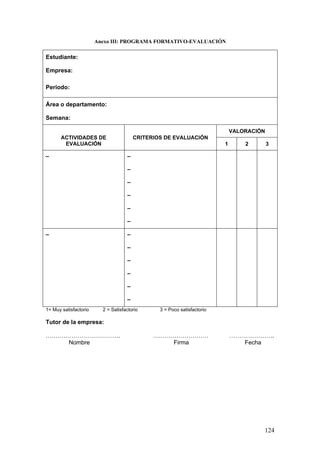Anexo III: PROGRAMA FORMATIVO-EVALUACIÓN

Estudiante:

Empresa:

Período:

Área o departamento:

Semana:

                                                                             VALORACIÓN
       ACTIVIDADES DE                   CRITERIOS DE EVALUACIÓN
        EVALUACIÓN                                                       1       2        3
_                                   _

                                    _

                                    _

                                    _

                                    _

                                    _

_                                   _

                                    _

                                    _

                                    _

                                    _

                                    _

1= Muy satisfactorio     2 = Satisfactorio      3 = Poco satisfactorio

Tutor de la empresa:

………………………………..                                ……………………….                     …………………..
    Nombre                                        Firma                         Fecha




                                                                                      124
 