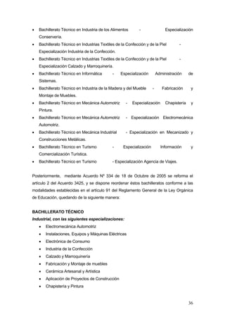 •   Bachillerato Técnico en Industria de los Alimentos       -                 Especialización
    Conservería.
•   Bachillerato Técnico en Industrias Textiles de la Confección y de la Piel         -
    Especialización Industria de la Confección.
•   Bachillerato Técnico en Industrias Textiles de la Confección y de la Piel         -
    Especialización Calzado y Marroquinería.
•   Bachillerato Técnico en Informática       -   Especialización         Administración     de
    Sistemas.
•   Bachillerato Técnico en Industria de la Madera y del Mueble       -      Fabricación      y
    Montaje de Muebles.
•   Bachillerato Técnico en Mecánica Automotriz      -   Especialización       Chapistería    y
    Pintura.
•   Bachillerato Técnico en Mecánica Automotriz      - Especialización Electromecánica
    Automotriz.
•   Bachillerato Técnico en Mecánica Industrial      - Especialización en Mecanizado y
    Construcciones Metálicas.
•   Bachillerato Técnico en Turismo           -     Especialización         Información       y
    Comercialización Turística.
•   Bachillerato Técnico en Turismo           - Especialización Agencia de Viajes.


Posteriormente, mediante Acuerdo Nº 334 de 18 de Octubre de 2005 se reforma el
artículo 2 del Acuerdo 3425, y se dispone reordenar éstos bachilleratos conforme a las
modalidades establecidas en el artículo 91 del Reglamento General de la Ley Orgánica
de Educación, quedando de la siguiente manera:


BACHILLERATO TÉCNICO
Industrial, con las siguientes especializaciones:
    •   Electromecánica Automotriz
    •   Instalaciones, Equipos y Máquinas Eléctricas
    •   Electrónica de Consumo
    •   Industria de la Confección
    •   Calzado y Marroquinería
    •   Fabricación y Montaje de muebles
    •   Cerámica Artesanal y Artística
    •   Aplicación de Proyectos de Construcción
    •   Chapistería y Pintura



                                                                                             36
 