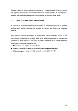 De esta manera, el sistema educativo ecuatoriano, a través de educación técnica, reúne
los requisitos básicos para atender adecuadamente las necesidades de las empresas,
toda vez que éstas han participado activamente en la configuración de la oferta.


5.3.   Estructura de los títulos profesionales


A partir de las necesidades formativas detectadas en los sectores productivos (perfiles
profesionales), se han diseñado los períodos formativos, que tienen una estructura
modular.


En el gráfico cuadro 5.1 se sintetizan las referencias al sistema productivo a partir de una
competencia profesional de carácter global y de unidades parciales de competencia
(columna de la izquierda). Su traducción al sistema educativo es un período formativo
organizado en módulos, que pueden ser:
• Asociados a una unidad de competencia.
• Asociados a varias unidades de competencia (módulos transversales).
• Módulos singulares, el principal de los cuales es el módulo de FCT.




                                                                                         43
 