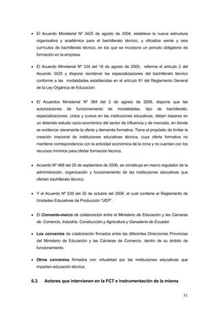 • El Acuerdo Ministerial Nº 3425 de agosto de 2004, establece la nueva estructura
  organizativa y académica para el bachillerato técnico, y oficializa veinte y seis
  currículos de bachillerato técnico, en los que se incorpora un periodo obligatorio de
  formación en la empresa.

• El Acuerdo Ministerial Nº 334 del 18 de agosto de 2005, reforma el artículo 2 del
  Acuerdo 3425 y dispone reordenar las especializaciones del bachillerato técnico
  conforme a las modalidades establecidas en el artículo 91 del Reglamento General
  de la Ley Orgánica de Educación.


• El Acuerdos Ministerial Nº 384 del 2 de agosto de 2006, dispone que las
  autorizaciones    de    funcionamiento   de   modalidades,    tipo   de   bachillerato,
  especializaciones, ciclos y cursos en las instituciones educativas, deben basarse en
  un detenido estudio socio-económico del sector de influencia y de mercado, en donde
  se evidencie claramente la oferta y demanda formativa. Tiene el propósito de limitar la
  creación irracional de instituciones educativas técnica, cuya oferta formativa no
  mantiene correspondencia con la actividad económica de la zona y no cuentan con los
  recursos mínimos para ofertar formación técnica.


• Acuerdo Nº 468 del 29 de septiembre de 2006, se constituye en marco regulador de la
  administración, organización y funcionamiento de las instituciones educativas que
  ofertan bachillerato técnico.


• Y el Acuerdo Nº 539 del 30 de octubre del 2006, el cual contiene el Reglamento de
  Unidades Educativas de Producción “UEP”.


• El Convenio-marco de colaboración entre el Ministerio de Educación y las Cámaras
  de: Comercio, Industria, Construcción y Agricultura y Ganadería de Ecuador.

• Los convenios de colaboración firmados entre las diferentes Direcciones Provincias
  del Ministerio de Educación y las Cámaras de Comercio, dentro de su ámbito de
  funcionamiento.

• Otros convenios firmados con virtualidad por las instituciones educativas que
  imparten educación técnica.


6.3.   Actores que intervienen en la FCT e instrumentación de la misma


                                                                                      51
 
